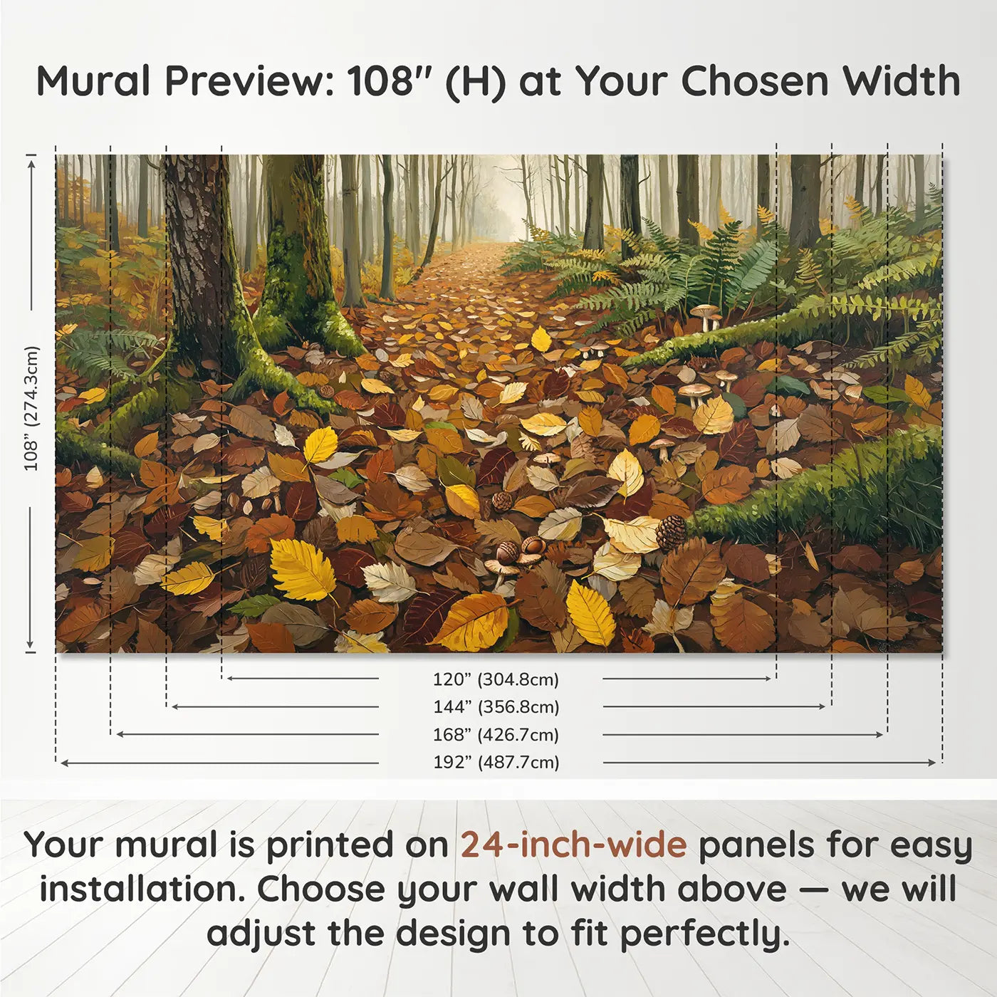 Panel layout and dimensions for Autumn Woodland Floor Wallpaper Mural by Whimsy Tots