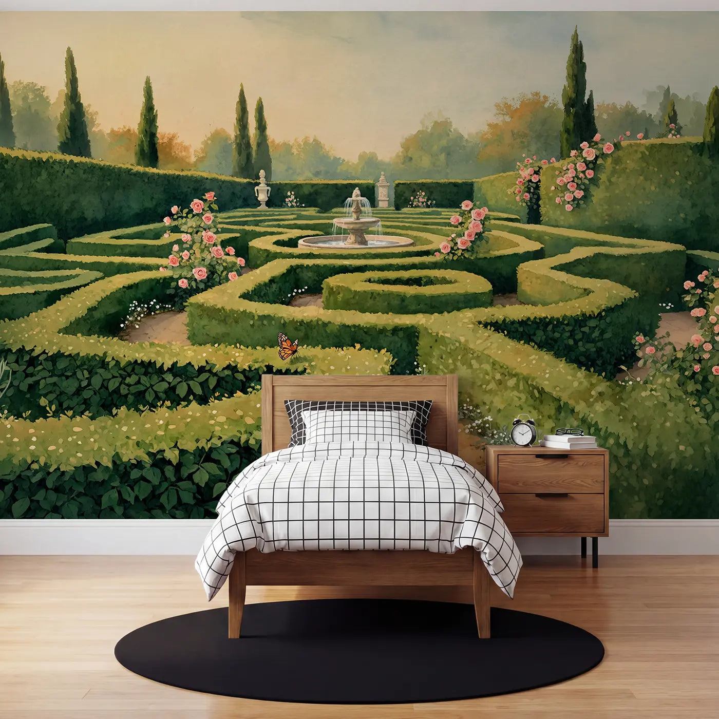 Watercolor boxwood hedge labyrinth wallpaper mural for kids room by Whimsy Tots