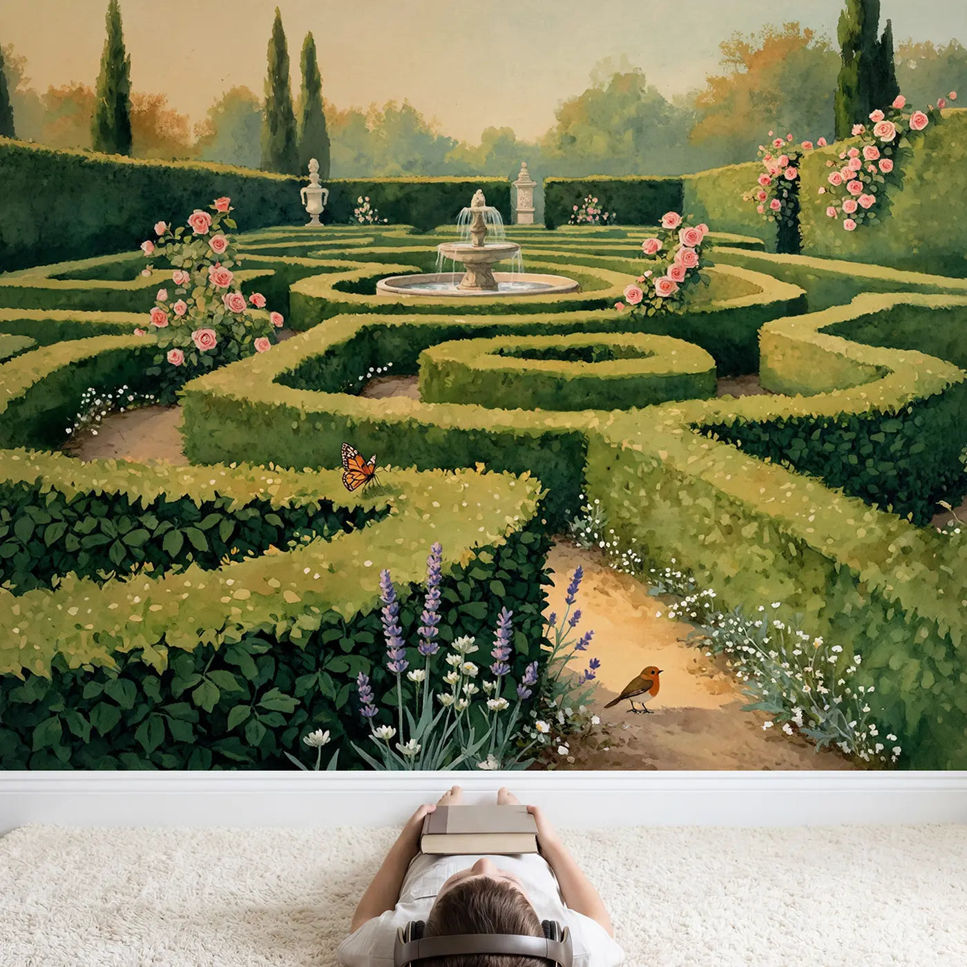 Child in nursery with Boxwood Hedge Labyrinth Wallpaper Mural by Whimsy Tots