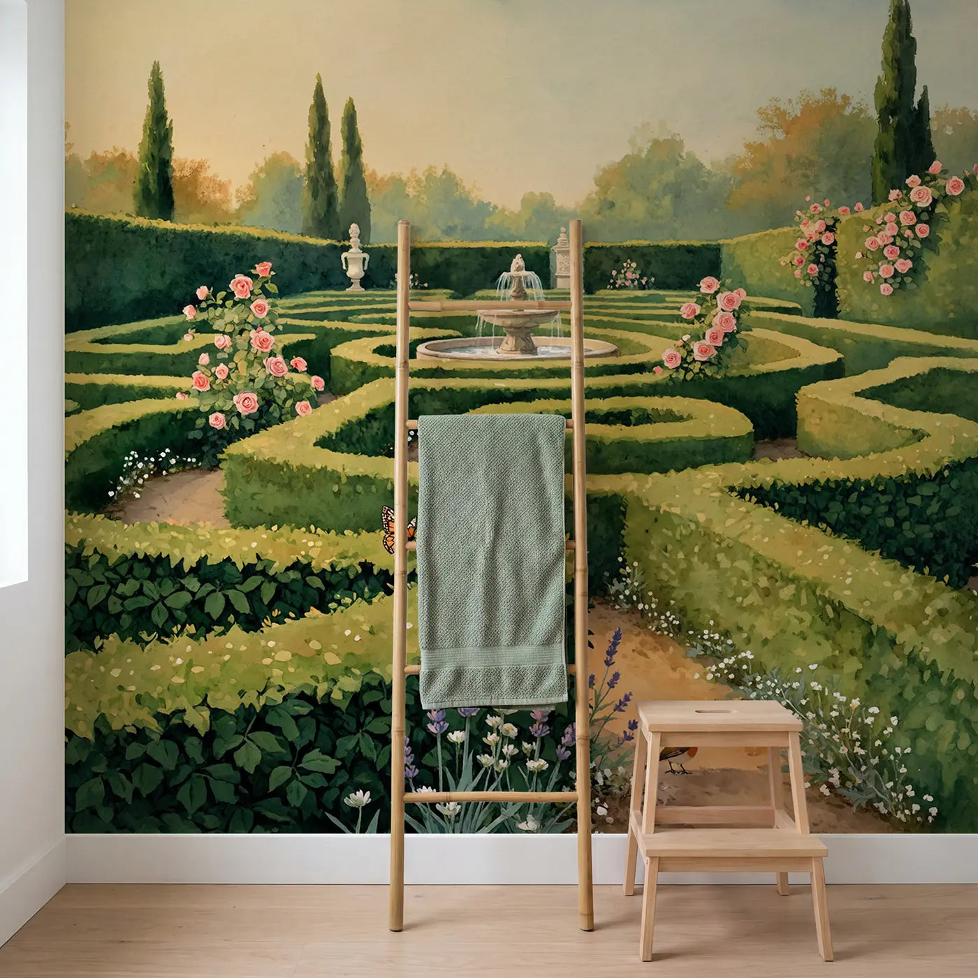 Boxwood Hedge Labyrinth Wallpaper Mural in playroom setting by Whimsy Tots