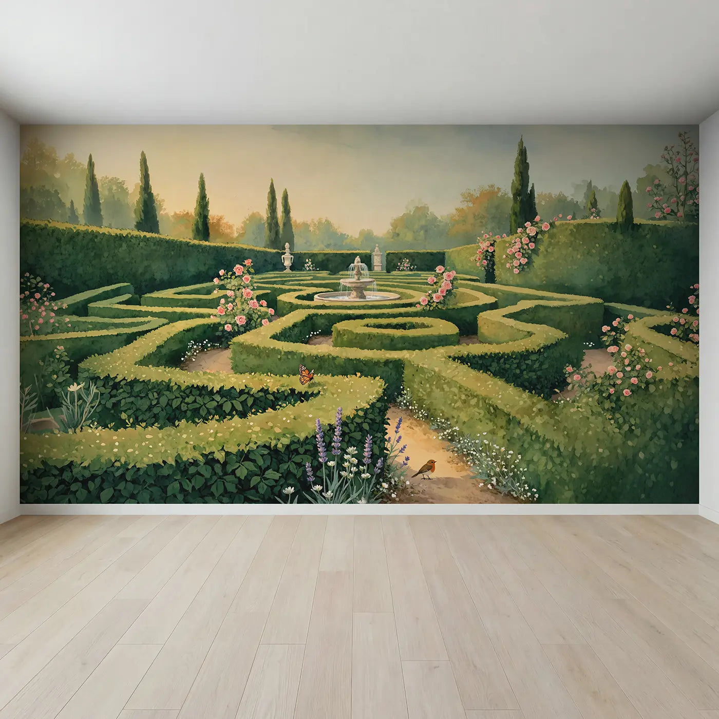 Full view of Boxwood Hedge Labyrinth Wallpaper Mural by Whimsy Tots