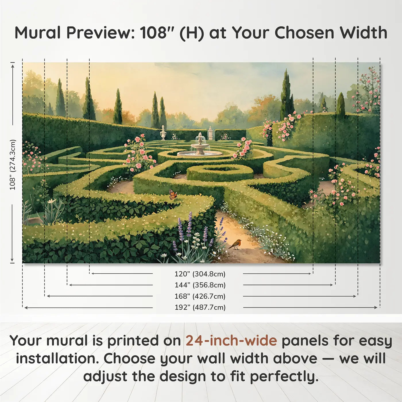 Panel layout and dimensions for Boxwood Hedge Labyrinth Wallpaper Mural by Whimsy Tots