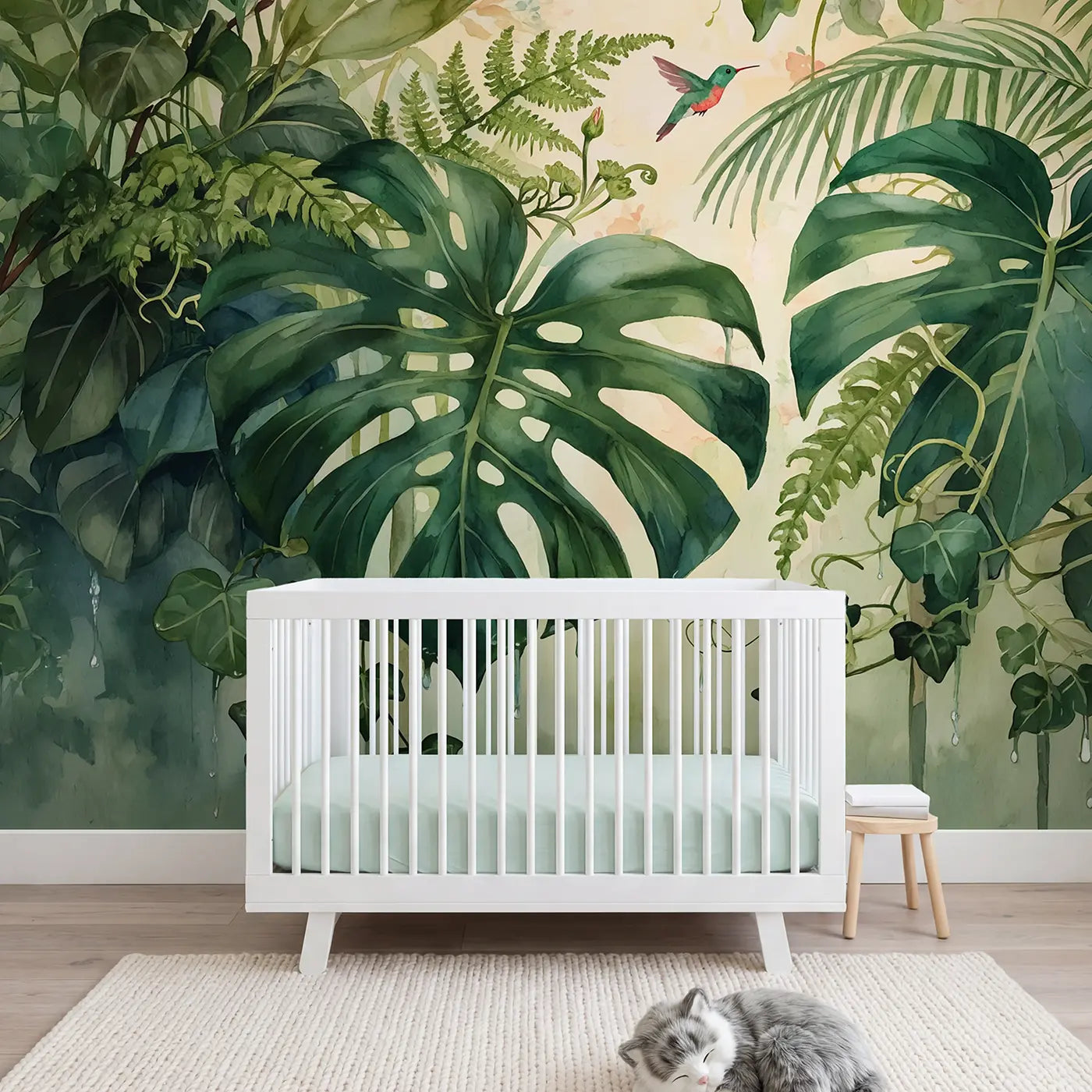 Watercolor monstera and fern botanical wallpaper mural for girls room by Whimsy Tots