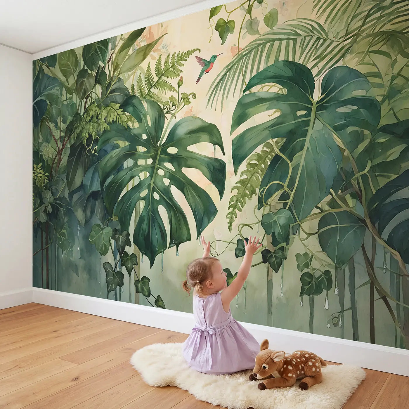 Child in nursery with Monstera and Fern Botanical Wallpaper Mural by Whimsy Tots