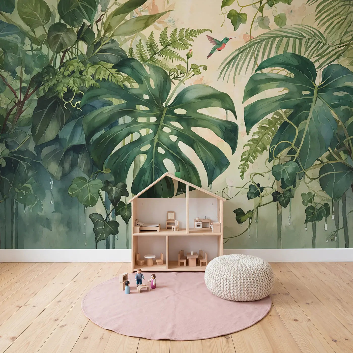 Monstera and Fern Botanical Wallpaper Mural in playroom setting by Whimsy Tots