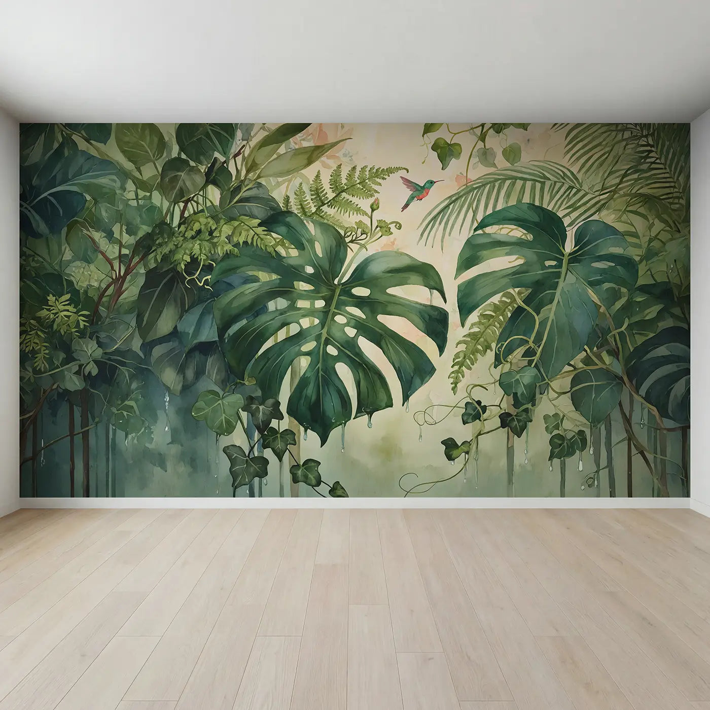 Full view of Monstera and Fern Botanical Wallpaper Mural by Whimsy Tots