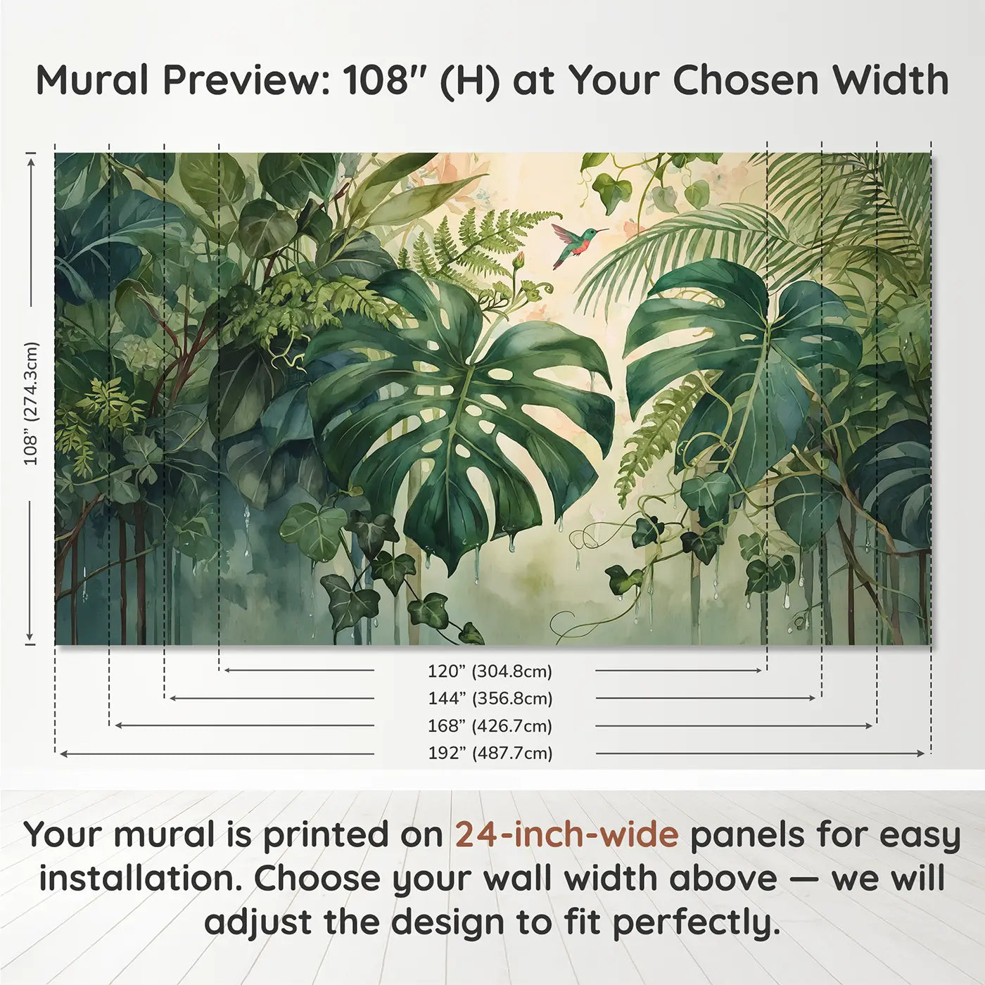 Panel layout and dimensions for Monstera and Fern Botanical Wallpaper Mural by Whimsy Tots