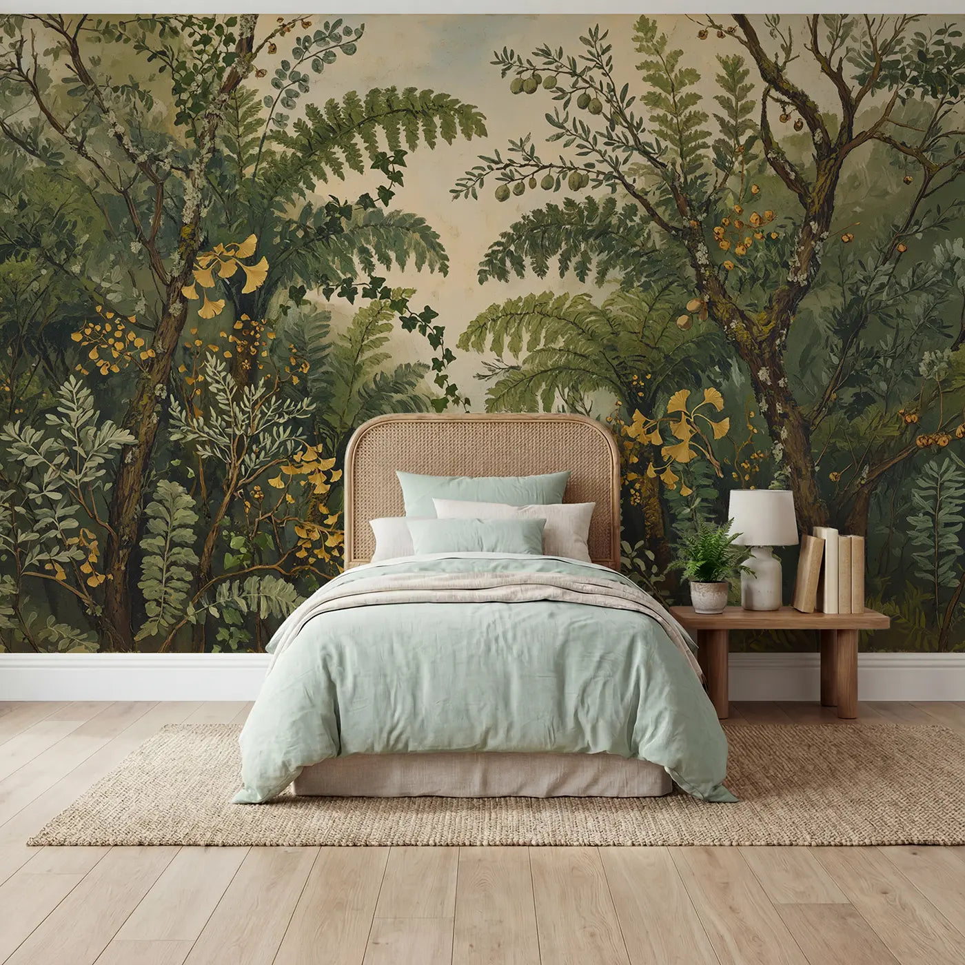 Painted eucalyptus and fern botanical wallpaper mural for kids room by Whimsy Tots