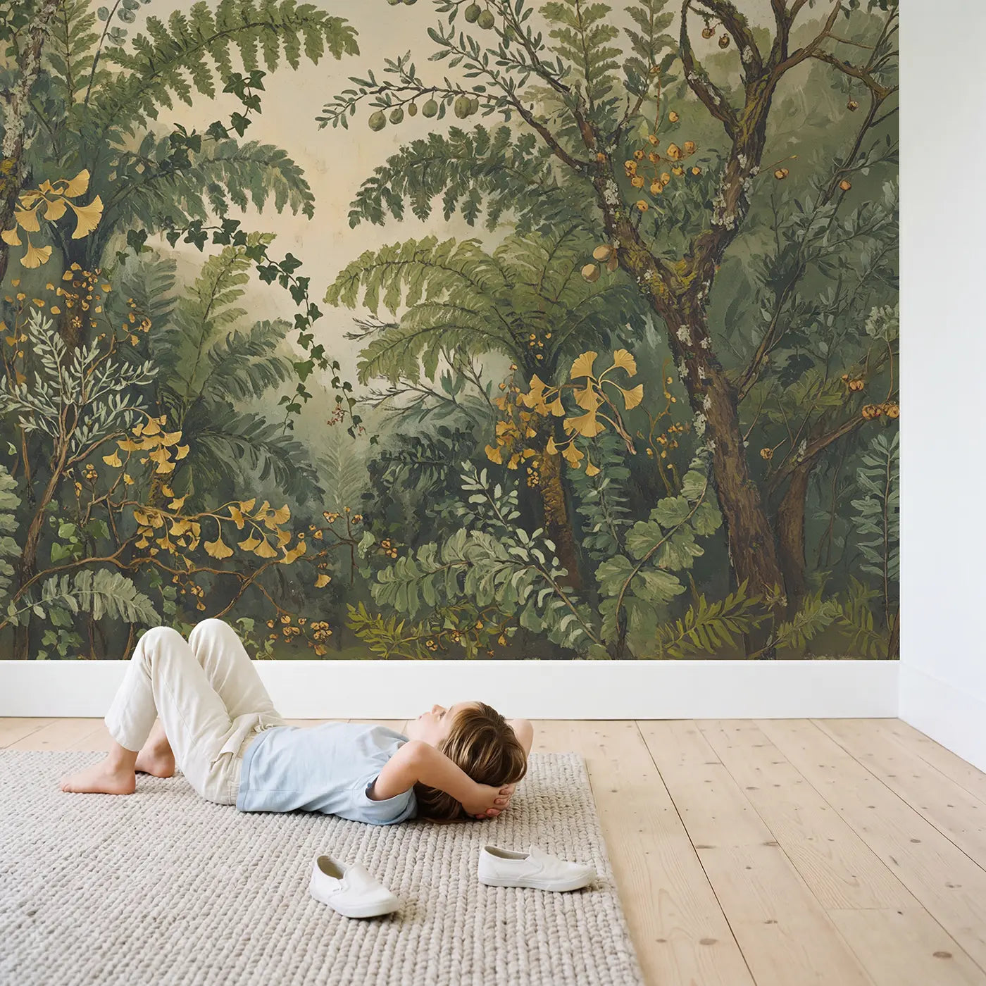 Child in nursery with Eucalyptus and Fern Canopy Wallpaper Mural by Whimsy Tots