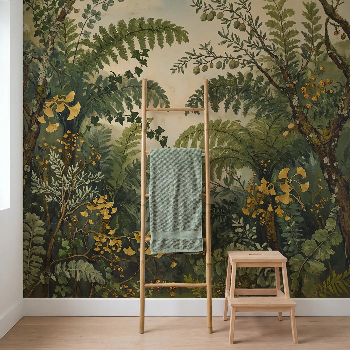Eucalyptus and Fern Canopy Wallpaper Mural in playroom setting by Whimsy Tots