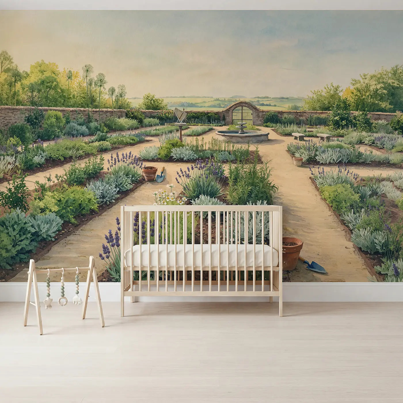 Watercolor herb garden maze wallpaper mural for nursery by Whimsy Tots