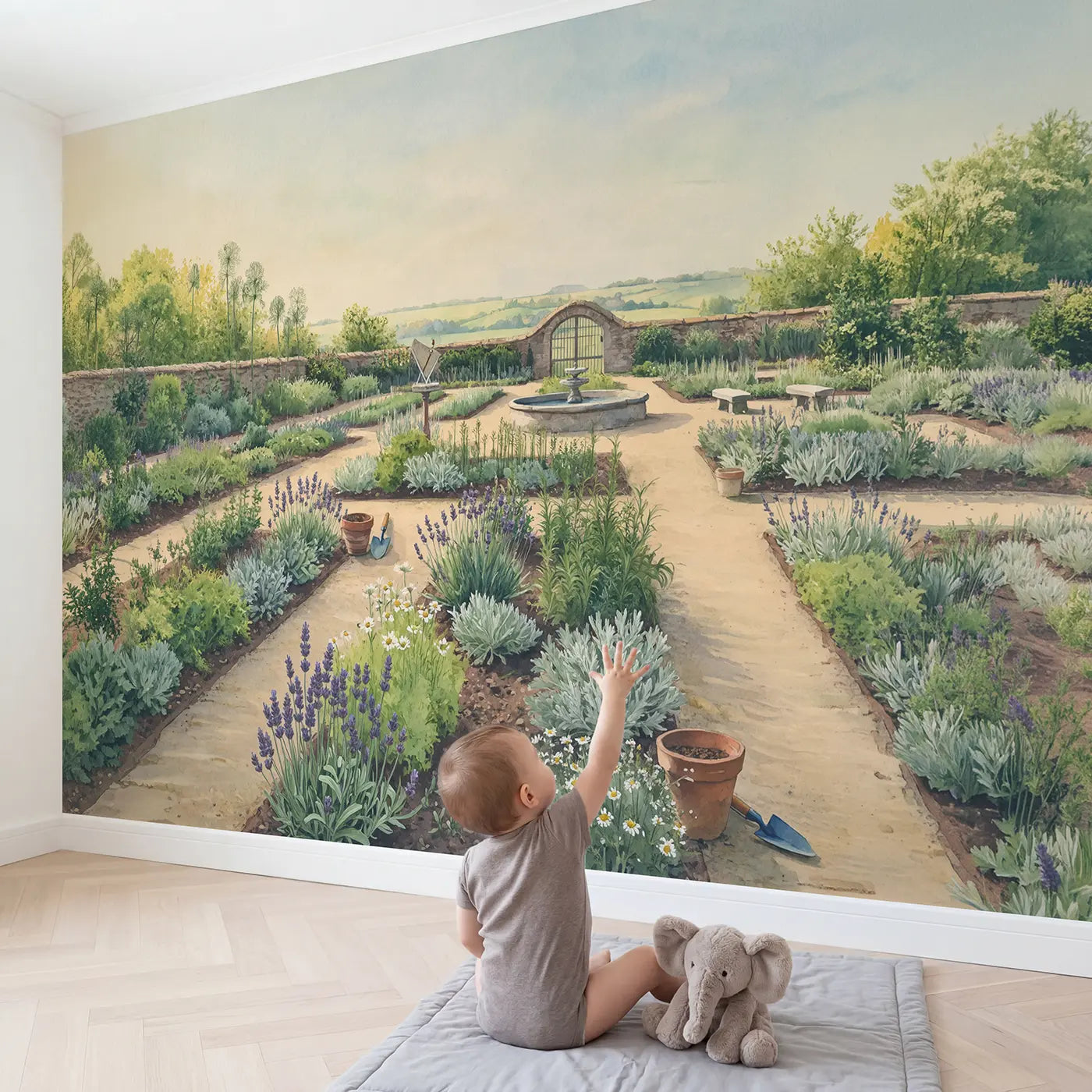 Child in nursery with Formal Herb Garden Maze Wallpaper Mural by Whimsy Tots