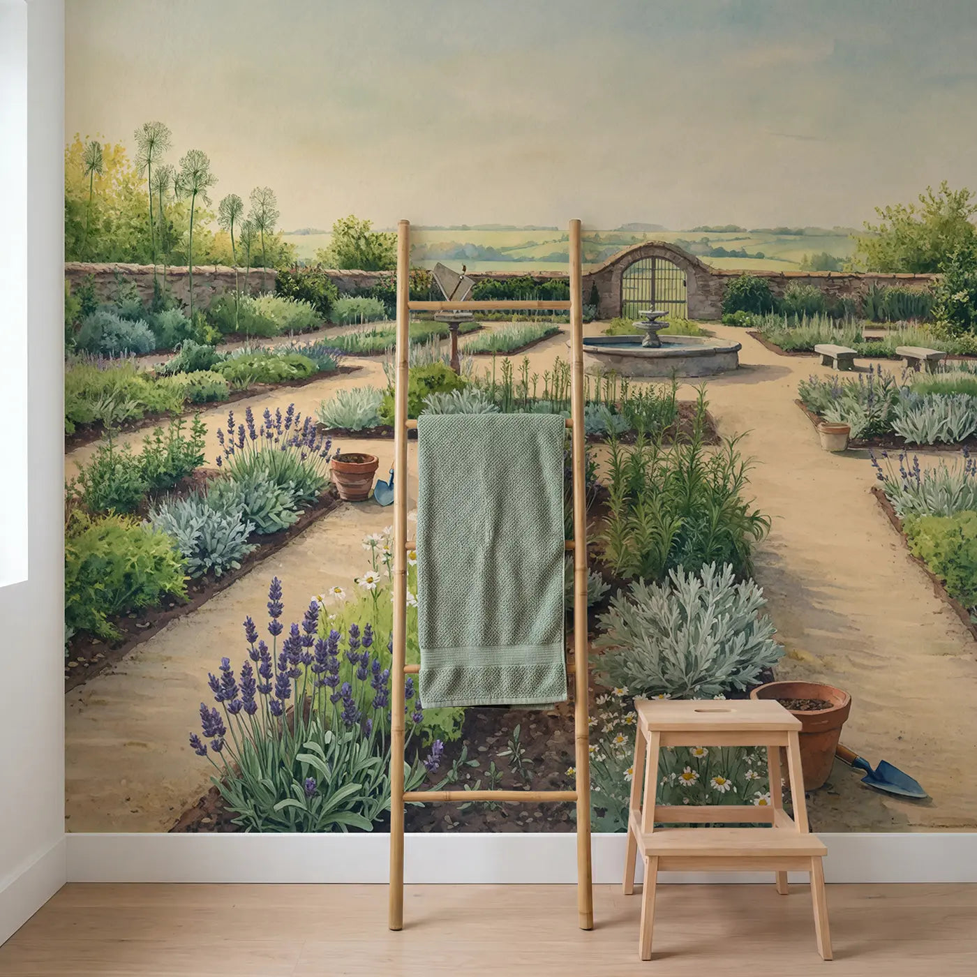 Formal Herb Garden Maze Wallpaper Mural in playroom setting by Whimsy Tots