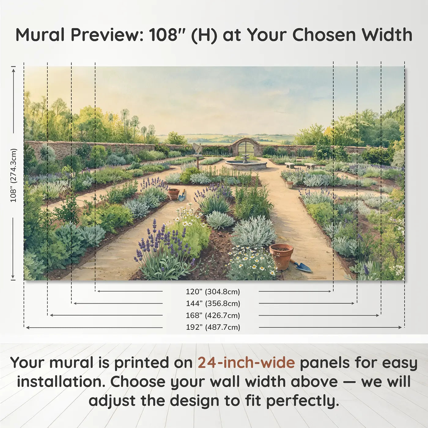 Panel layout and dimensions for Formal Herb Garden Maze Wallpaper Mural by Whimsy Tots