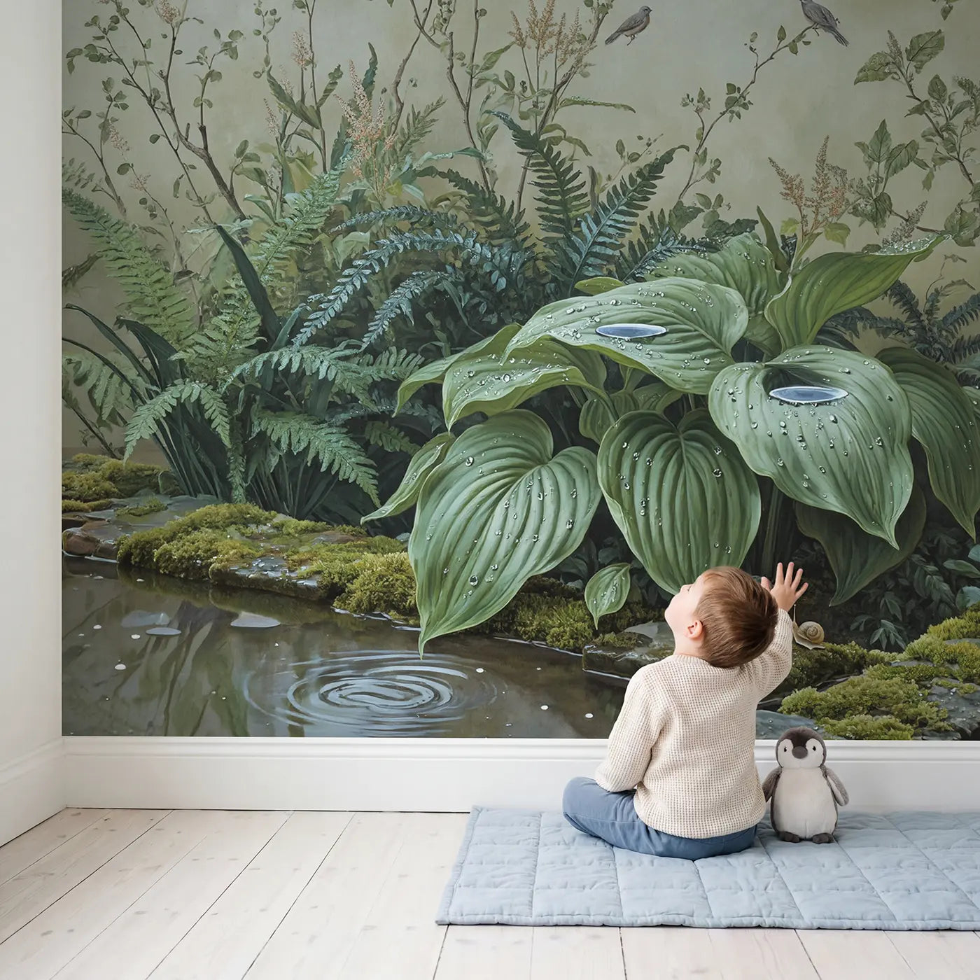 Child in nursery with Raindrop Hosta Leaf Wallpaper Mural by Whimsy Tots