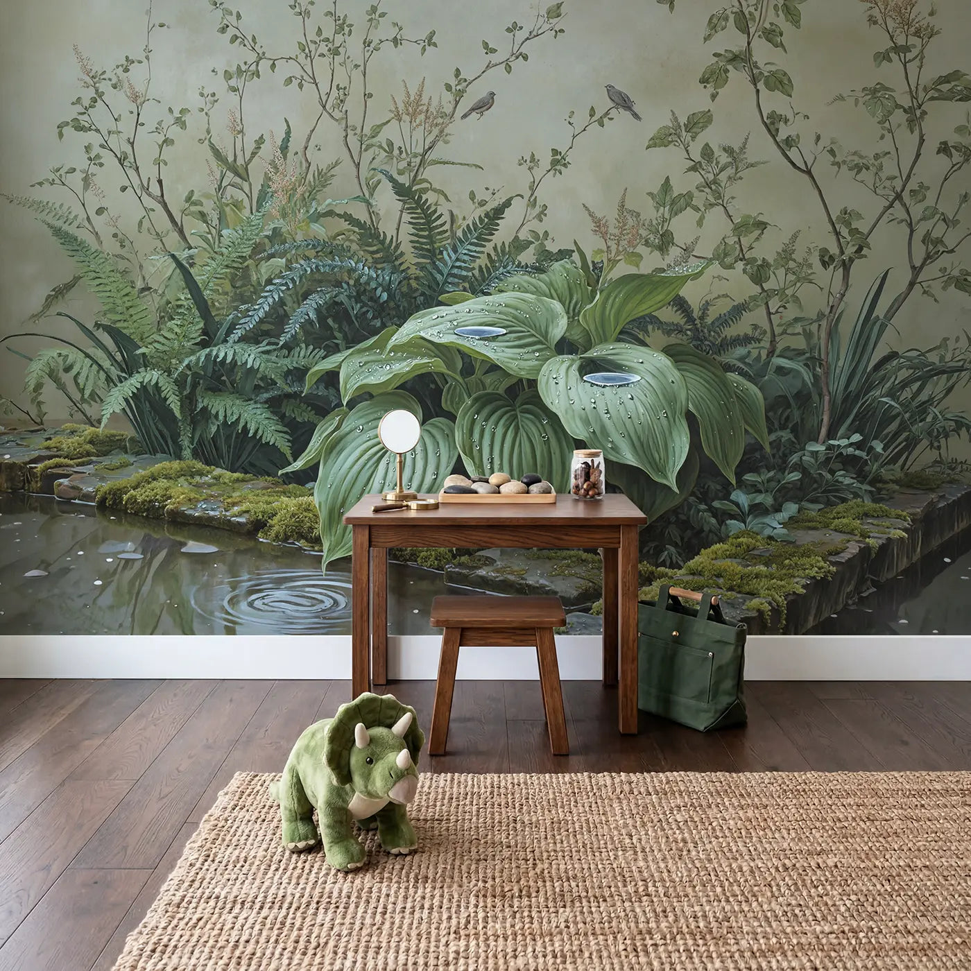 Raindrop Hosta Leaf Wallpaper Mural in playroom setting by Whimsy Tots