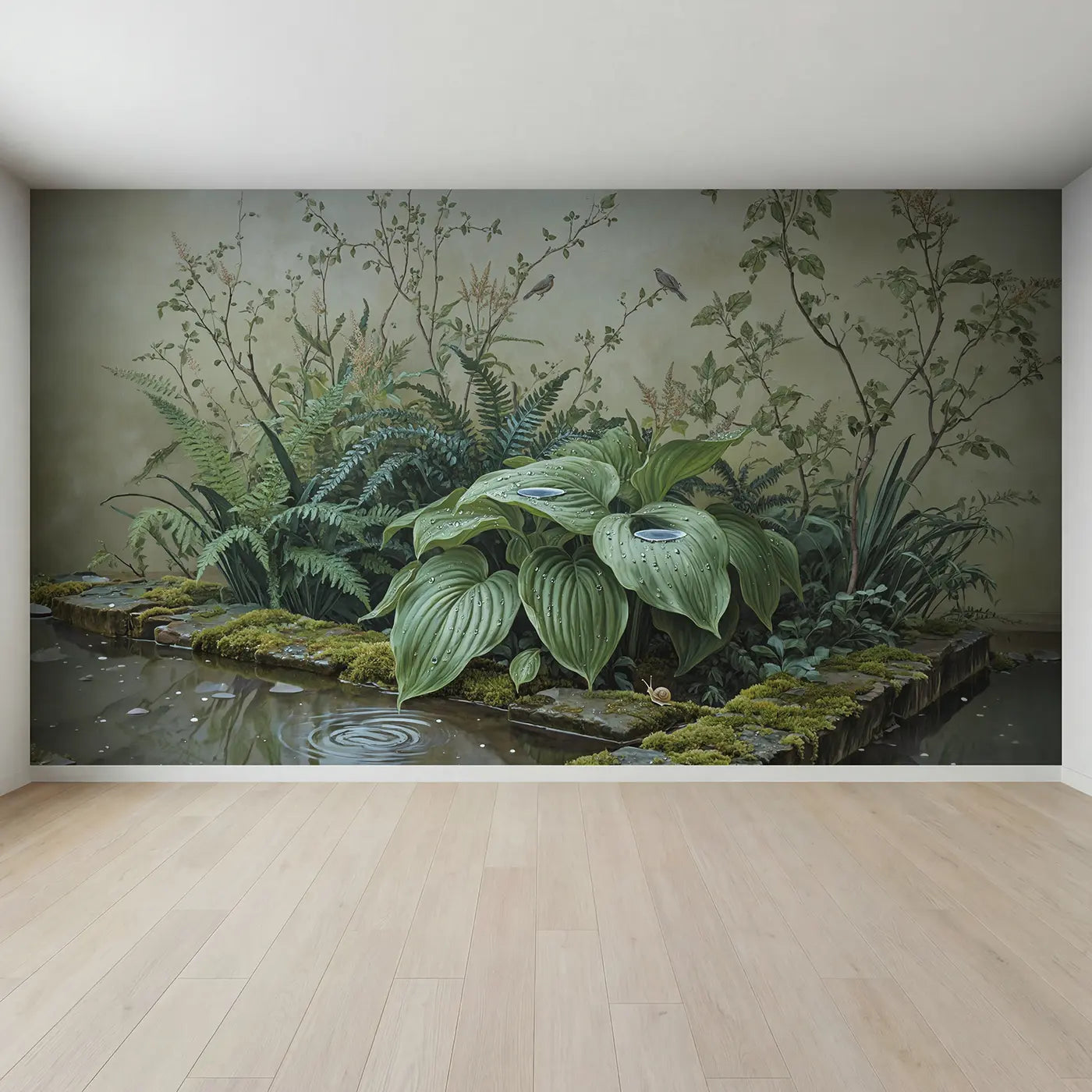 Full view of Raindrop Hosta Leaf Wallpaper Mural by Whimsy Tots