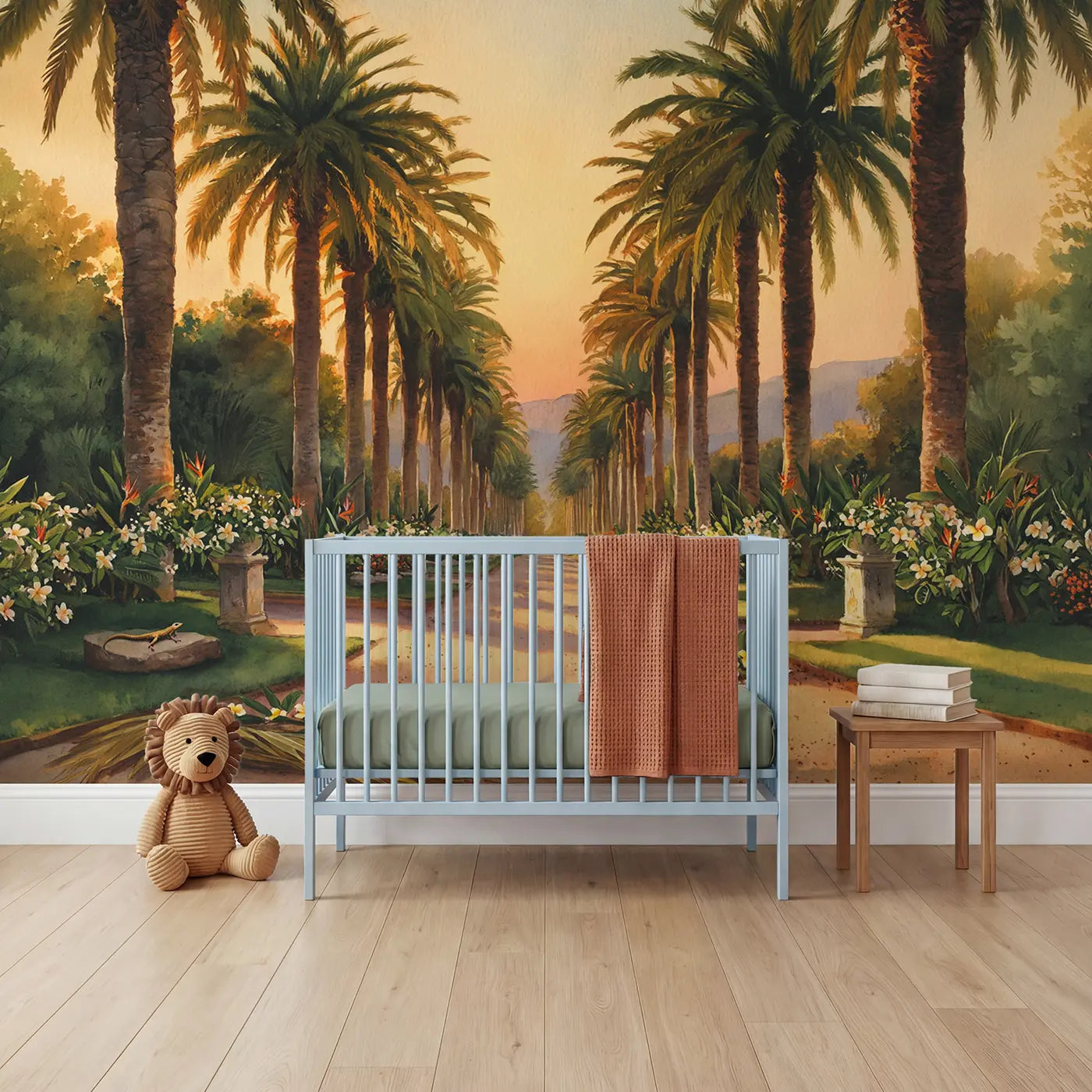 Watercolor tropical palm garden path wallpaper mural for kids room by Whimsy Tots