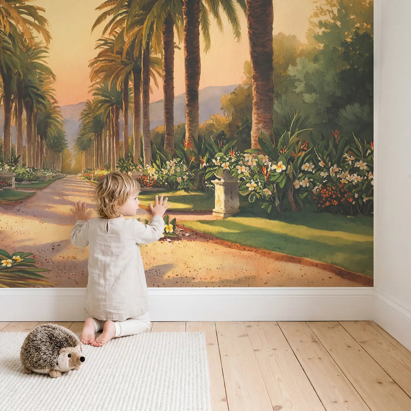 Child in nursery with Palm Avenue Garden Wallpaper Mural by Whimsy Tots