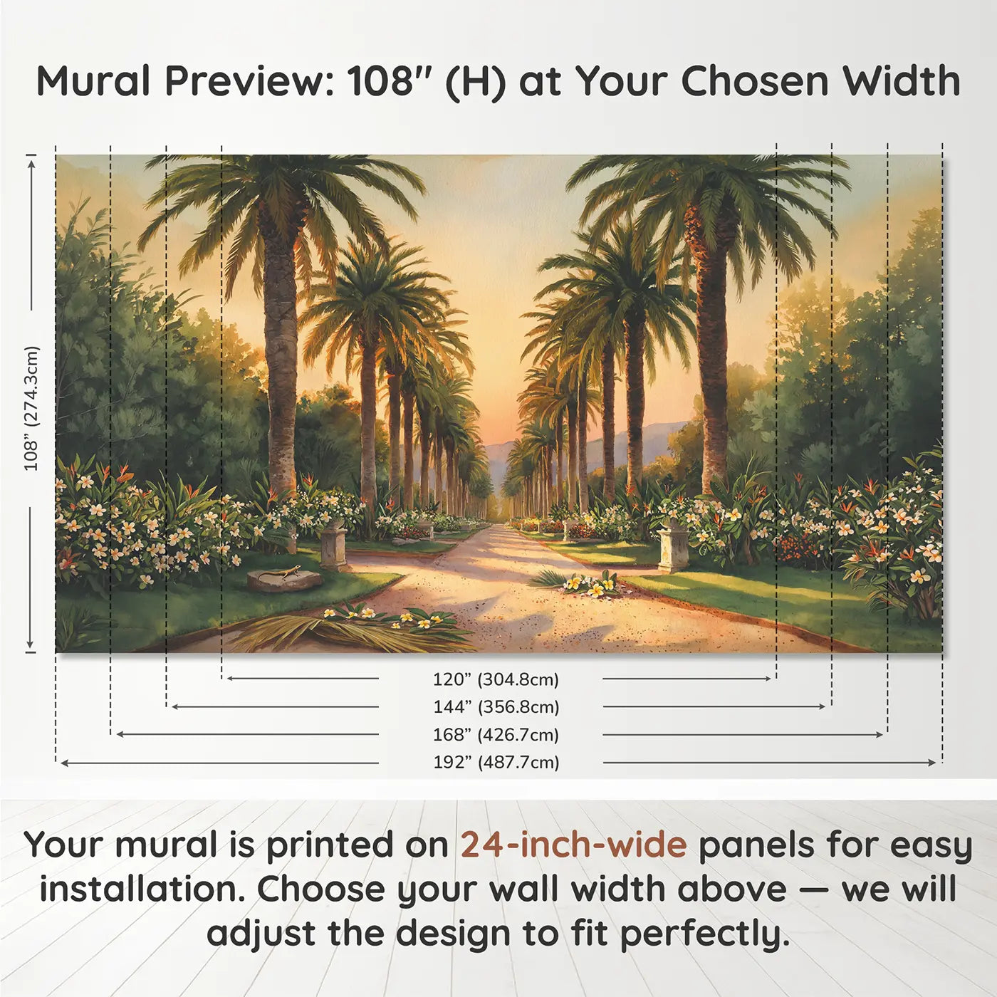 Panel layout and dimensions for Palm Avenue Garden Wallpaper Mural by Whimsy Tots