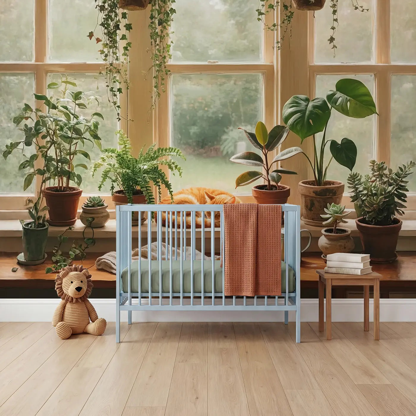 Soft Pastel cat and plant windowsill wallpaper mural for kids room by Whimsy Tots