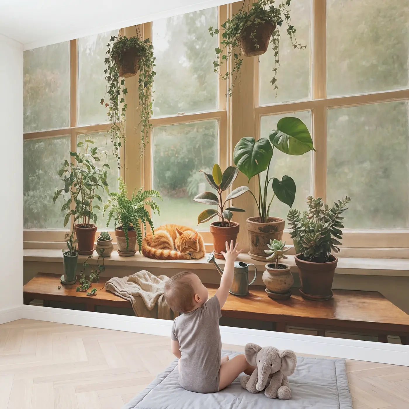Child in nursery with Cozy Cat and Plant Windowsill Wallpaper Mural by Whimsy Tots