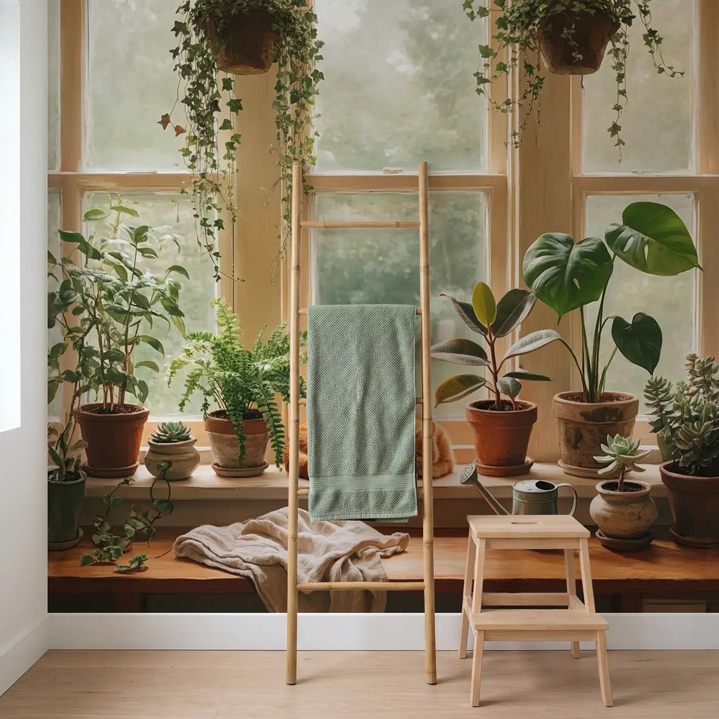 Cozy Cat and Plant Windowsill Wallpaper Mural in playroom setting by Whimsy Tots
