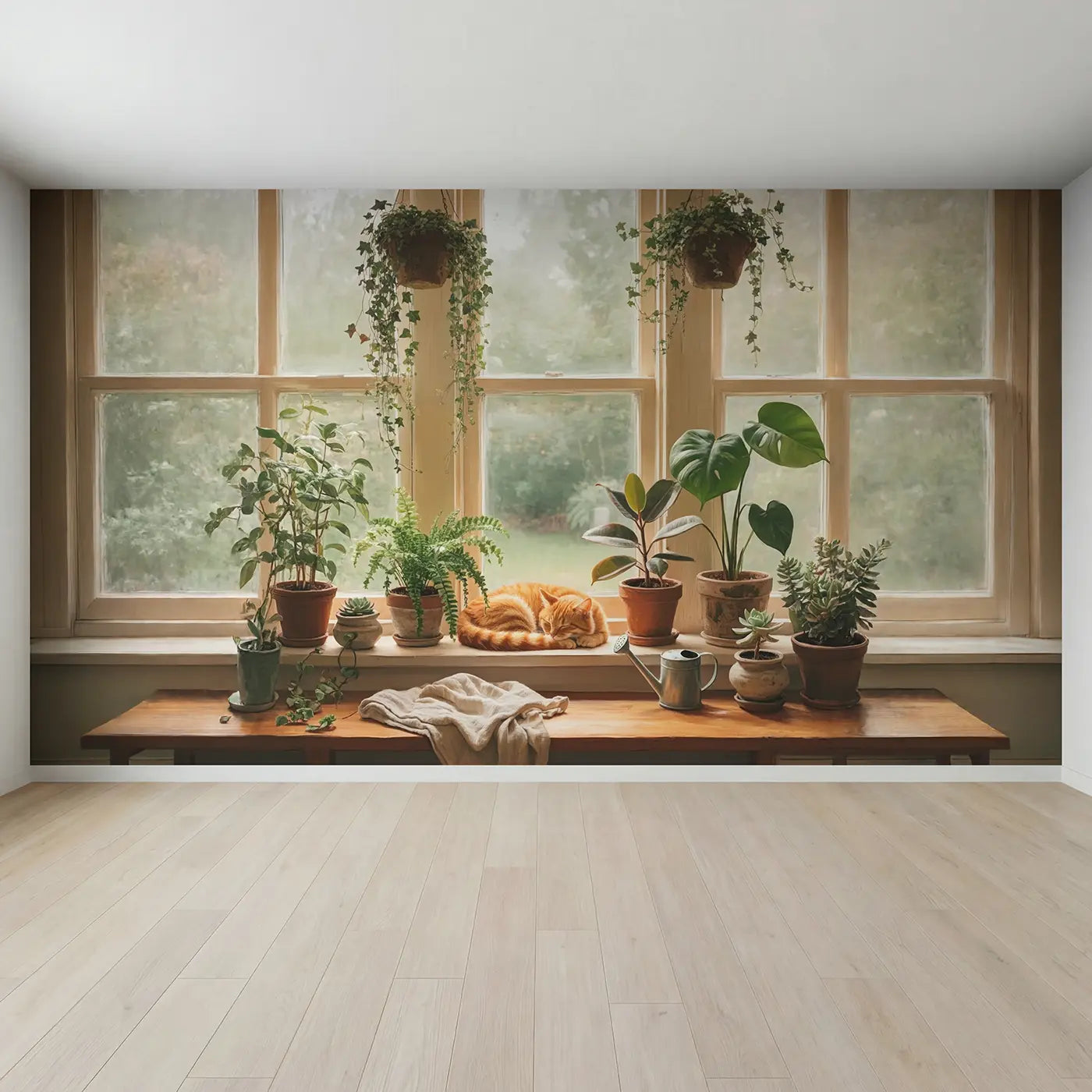 Full view of Cozy Cat and Plant Windowsill Wallpaper Mural by Whimsy Tots