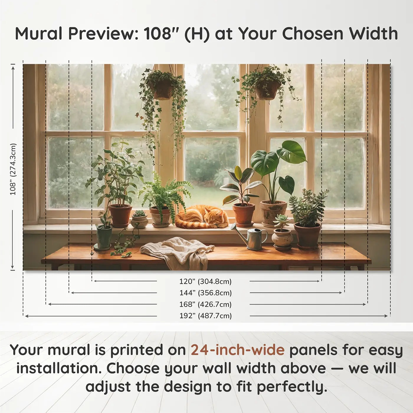 Panel layout and dimensions for Cozy Cat and Plant Windowsill Wallpaper Mural by Whimsy Tots