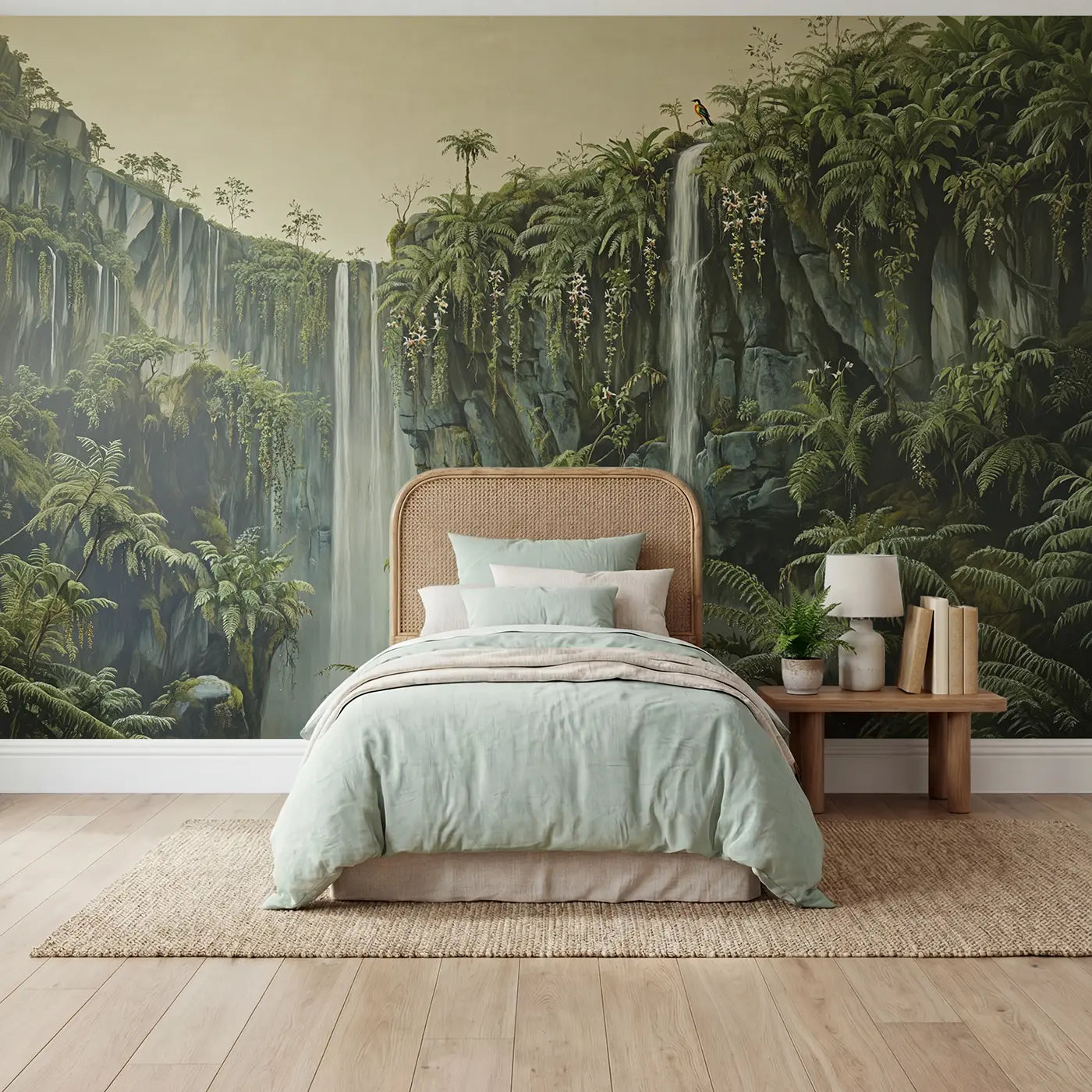 Botanical elegance fern waterfall on cliff misty forest wallpaper mural for kids room by Whimsy Tots