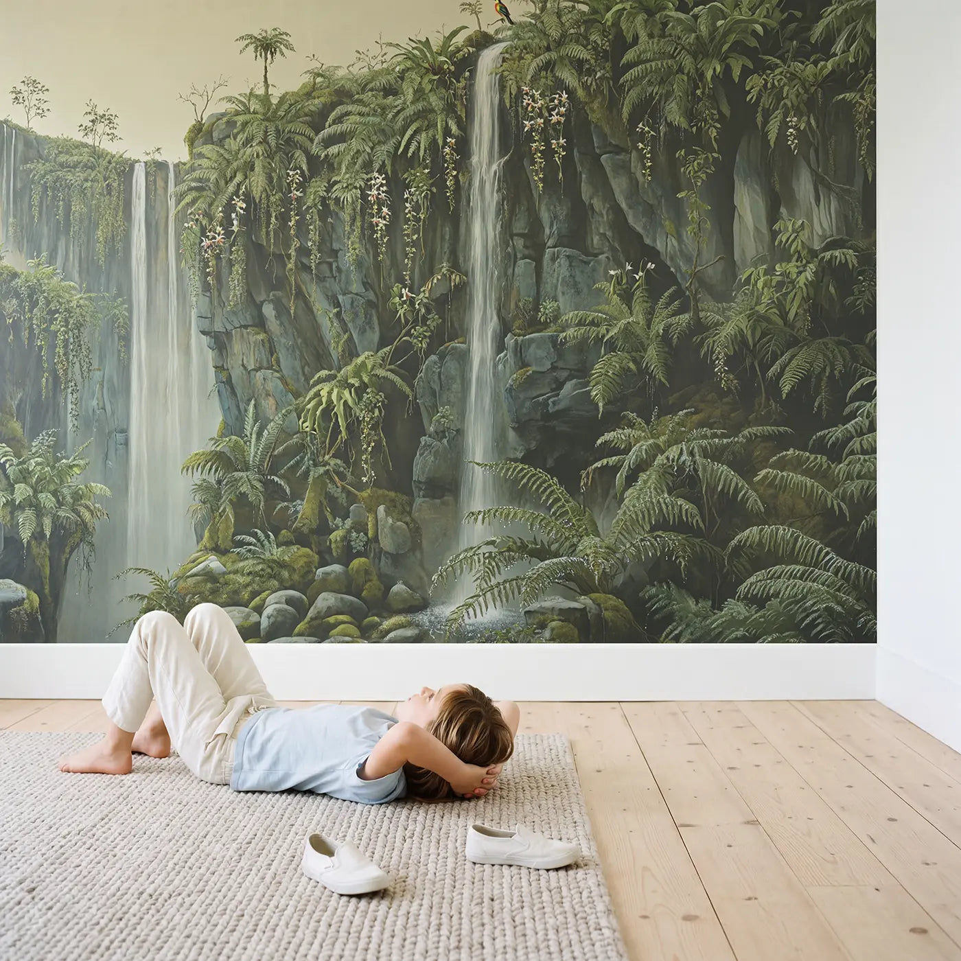 Child in nursery with Cascading Fern Cliff Waterfall Wallpaper Mural by Whimsy Tots