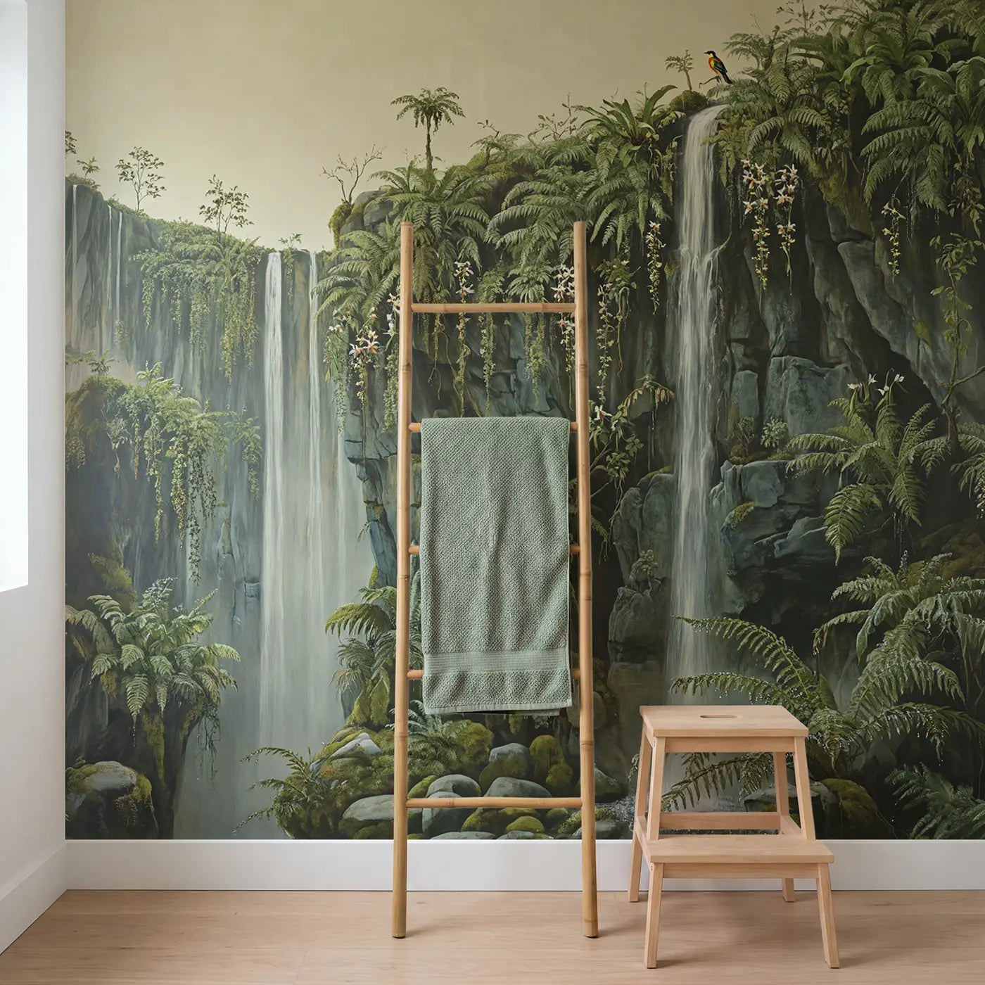 Cascading Fern Cliff Waterfall Wallpaper Mural in playroom setting by Whimsy Tots