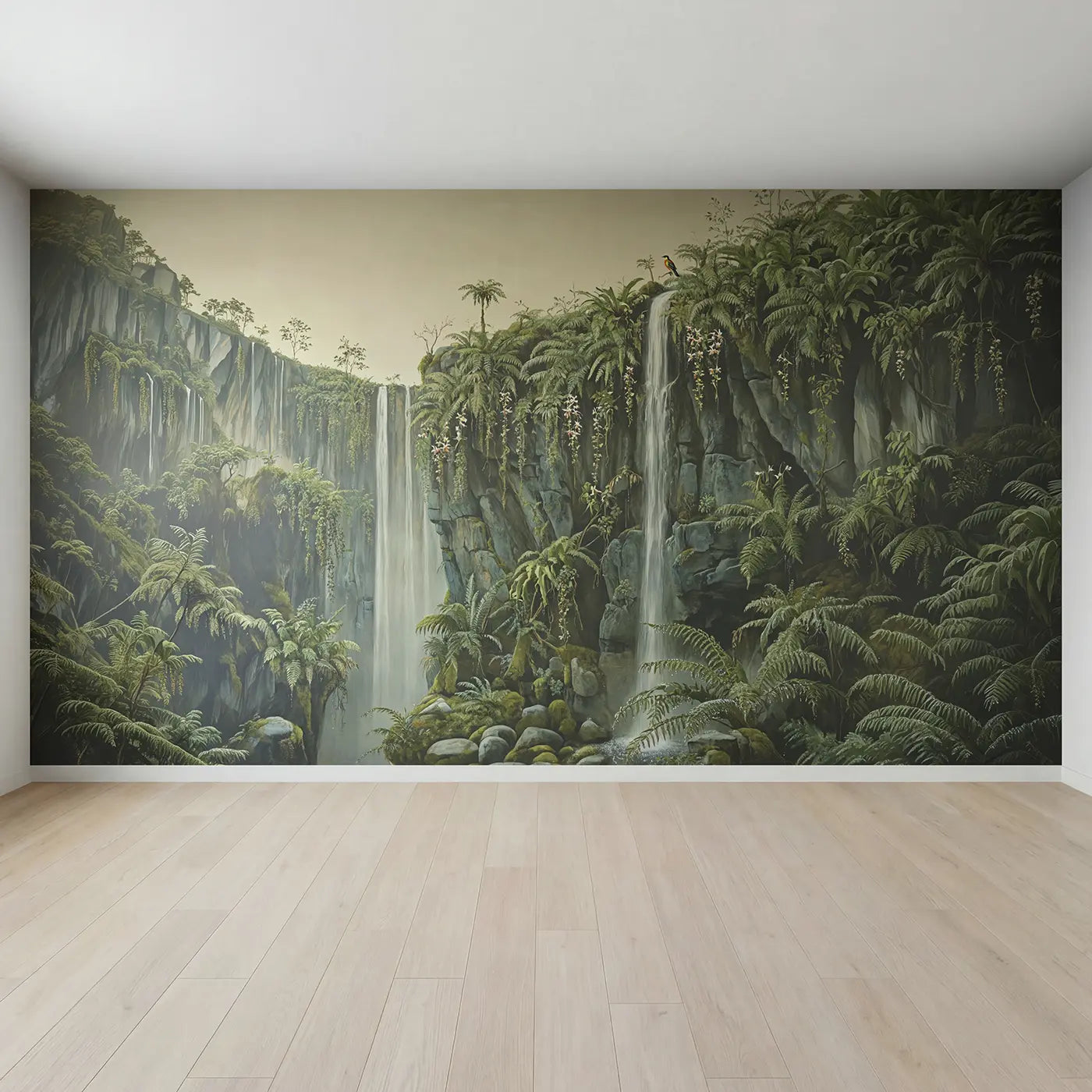 Full view of Cascading Fern Cliff Waterfall Wallpaper Mural by Whimsy Tots