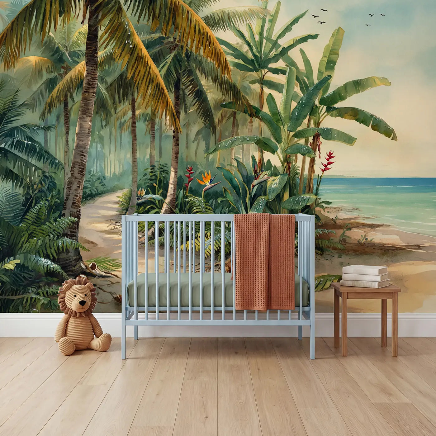watercolor tropical palm grove sandy shore wallpaper mural for kids room by Whimsy Tots