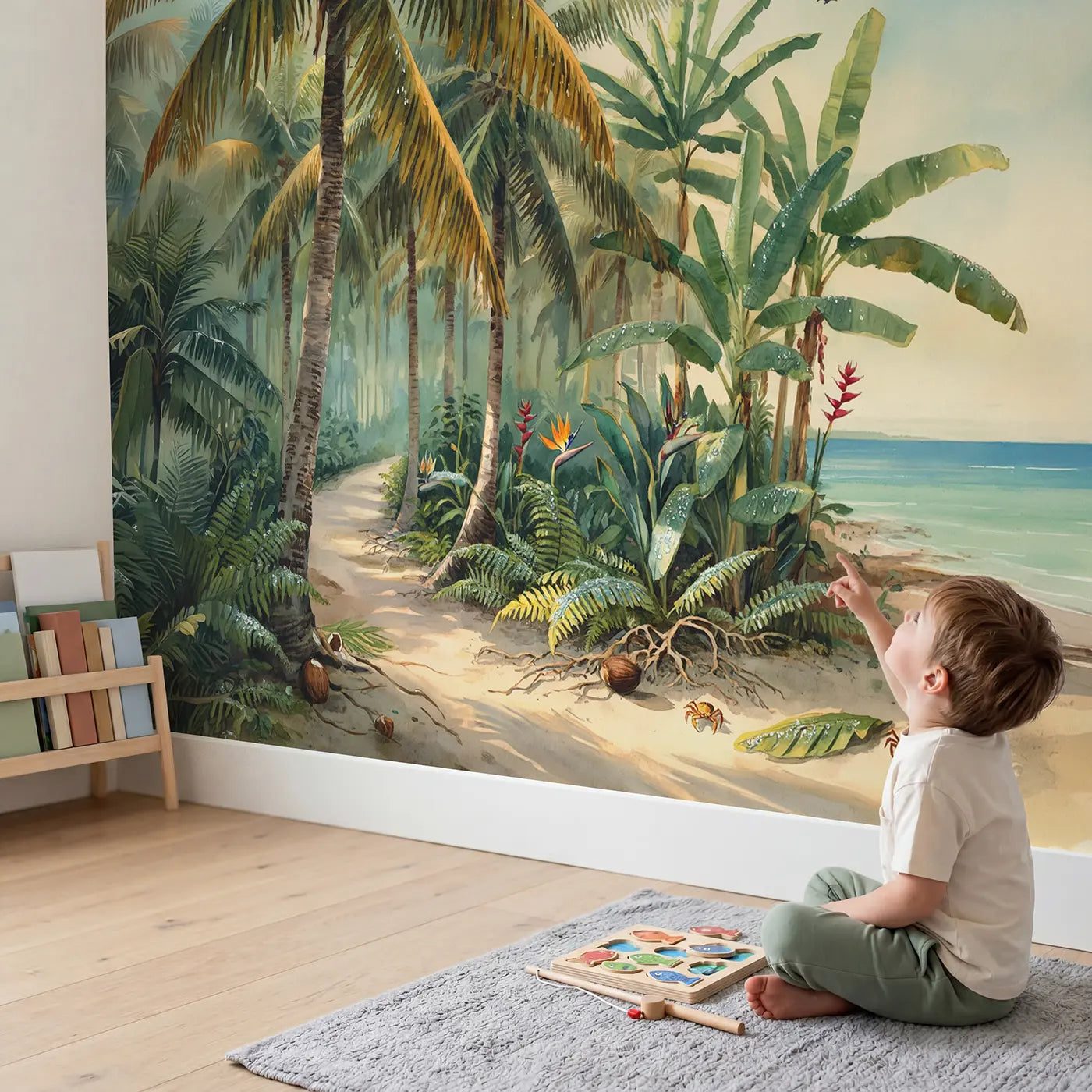 Child in nursery with Tropical Palm Grove Shore Wallpaper Mural by Whimsy Tots