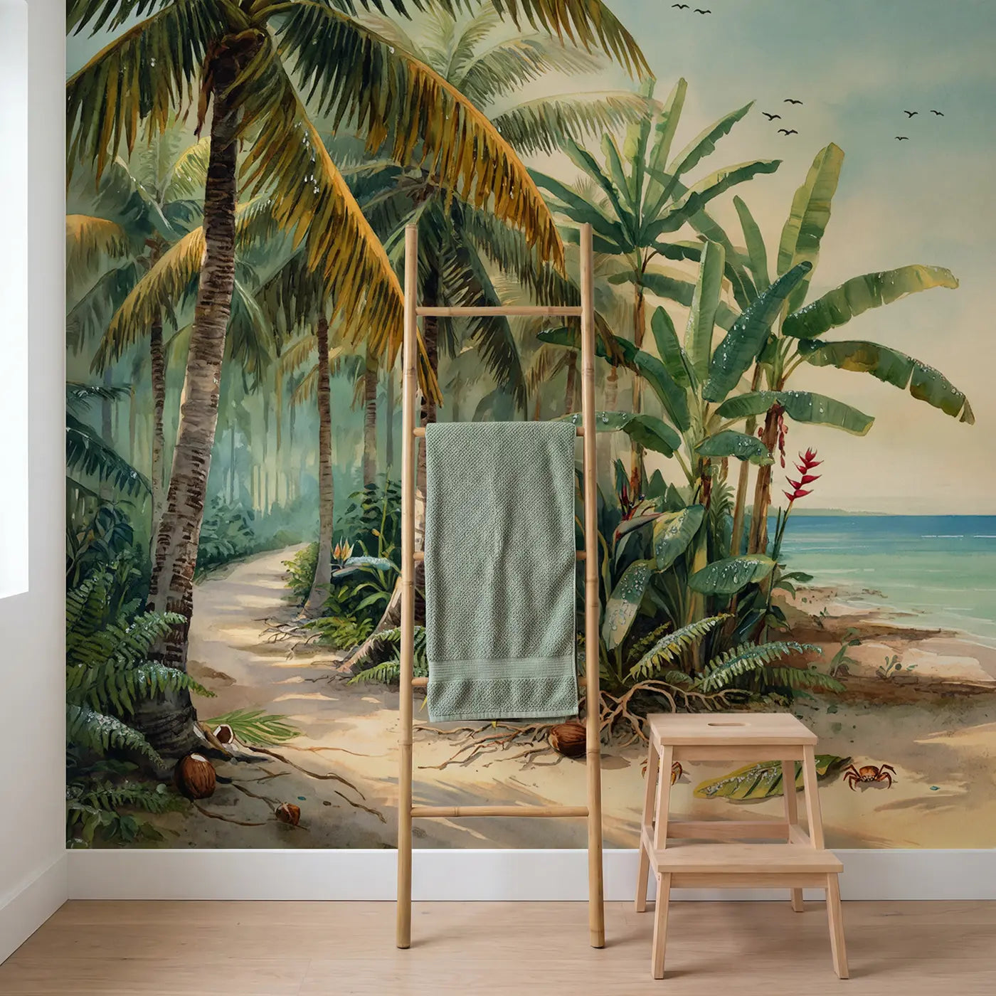 Tropical Palm Grove Shore Wallpaper Mural in playroom setting by Whimsy Tots