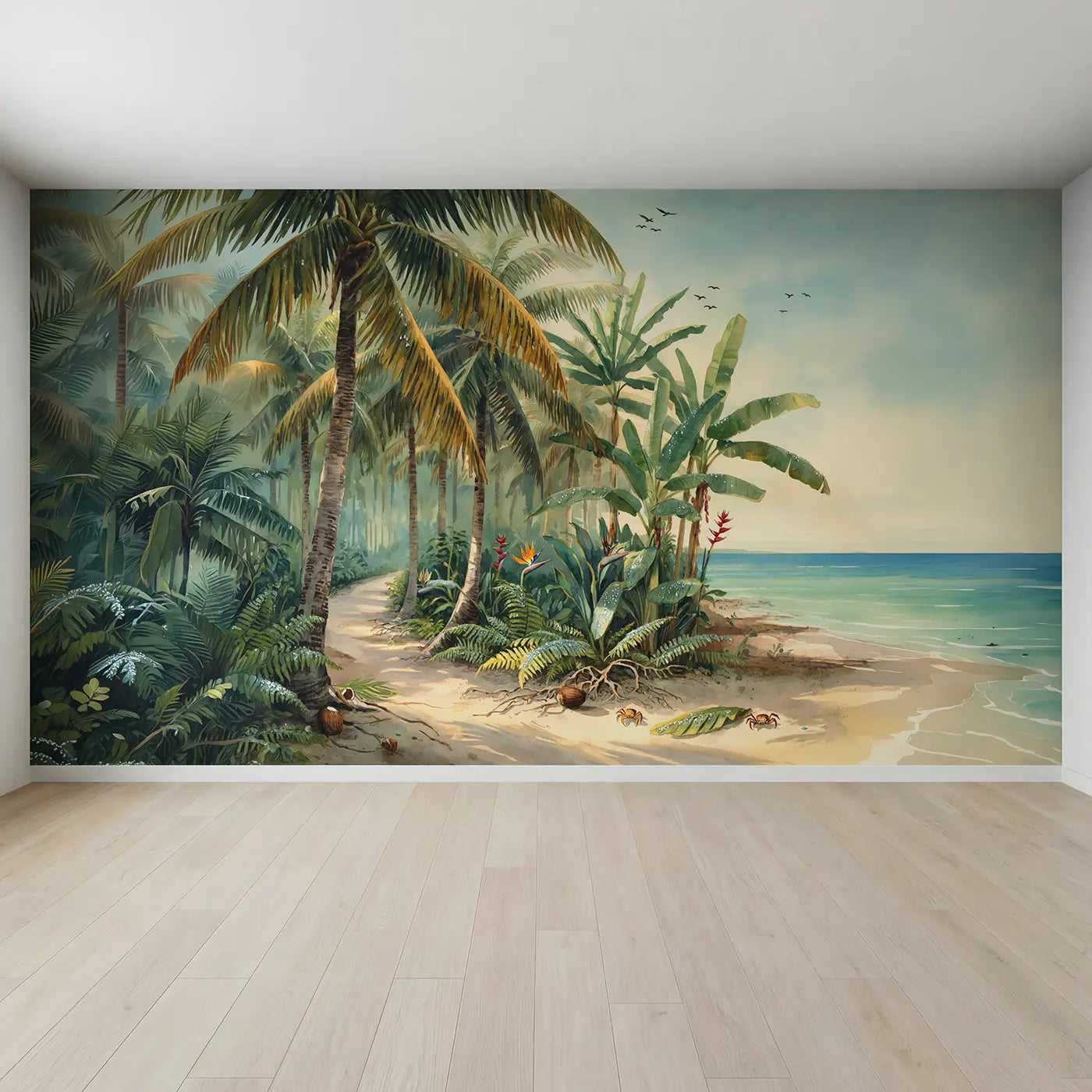 Full view of Tropical Palm Grove Shore Wallpaper Mural by Whimsy Tots