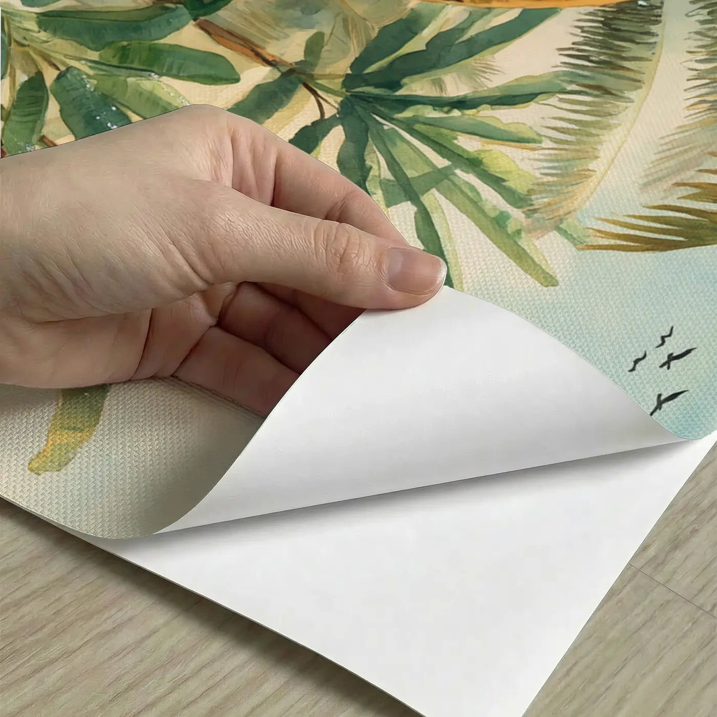 Peel-and-stick detail of Tropical Palm Grove Shore Wallpaper Mural by Whimsy Tots