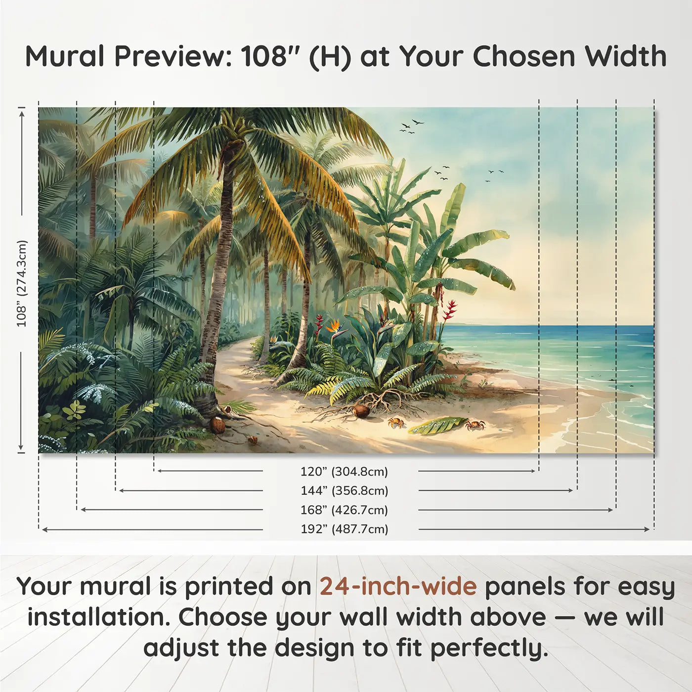 Panel layout and dimensions for Tropical Palm Grove Shore Wallpaper Mural by Whimsy Tots