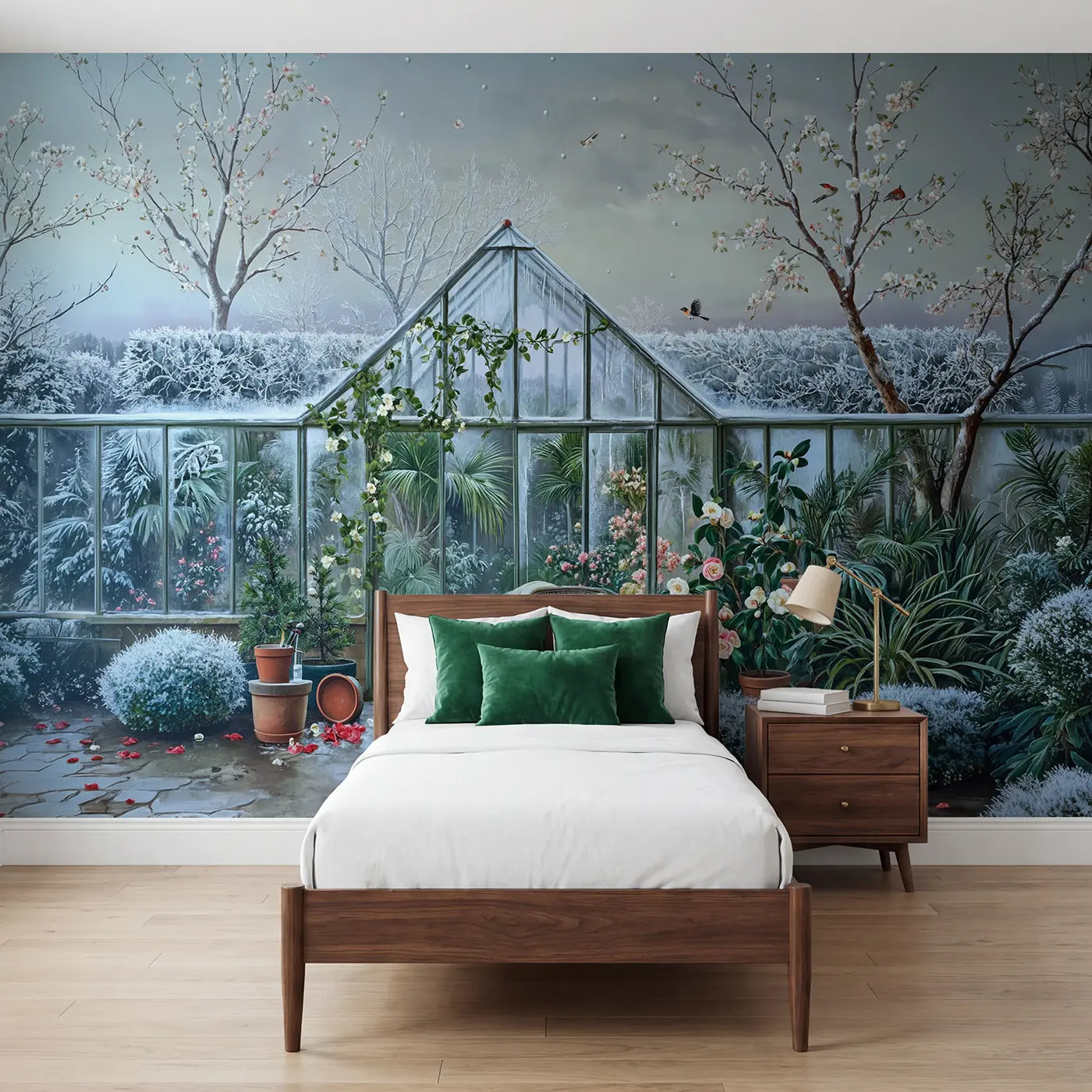 Botanical Elegance winter greenhouse garden refuge wallpaper mural for girls room by Whimsy Tots