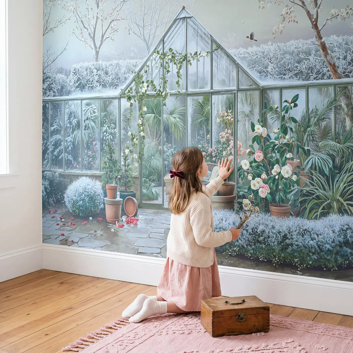 Child in nursery with Winter Greenhouse Garden Refuge Wallpaper Mural by Whimsy Tots