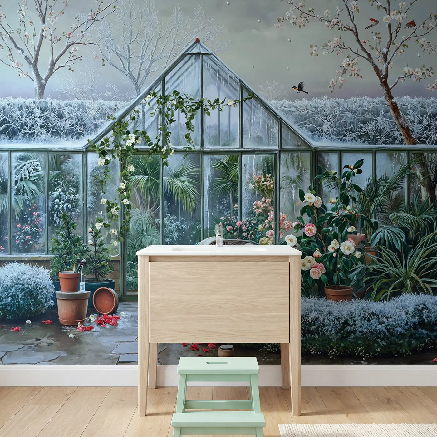 Winter Greenhouse Garden Refuge Wallpaper Mural in playroom setting by Whimsy Tots