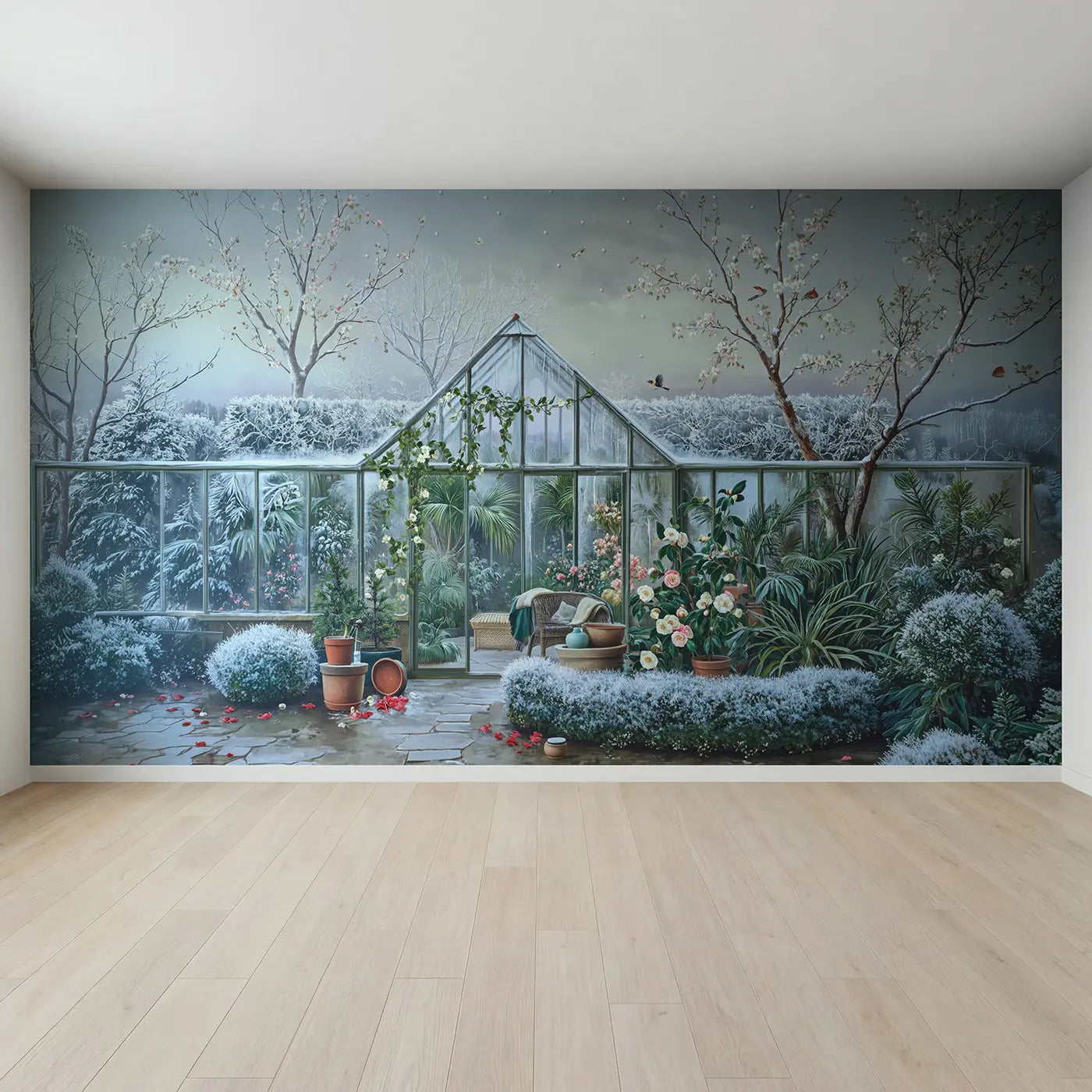 Full view of Winter Greenhouse Garden Refuge Wallpaper Mural by Whimsy Tots