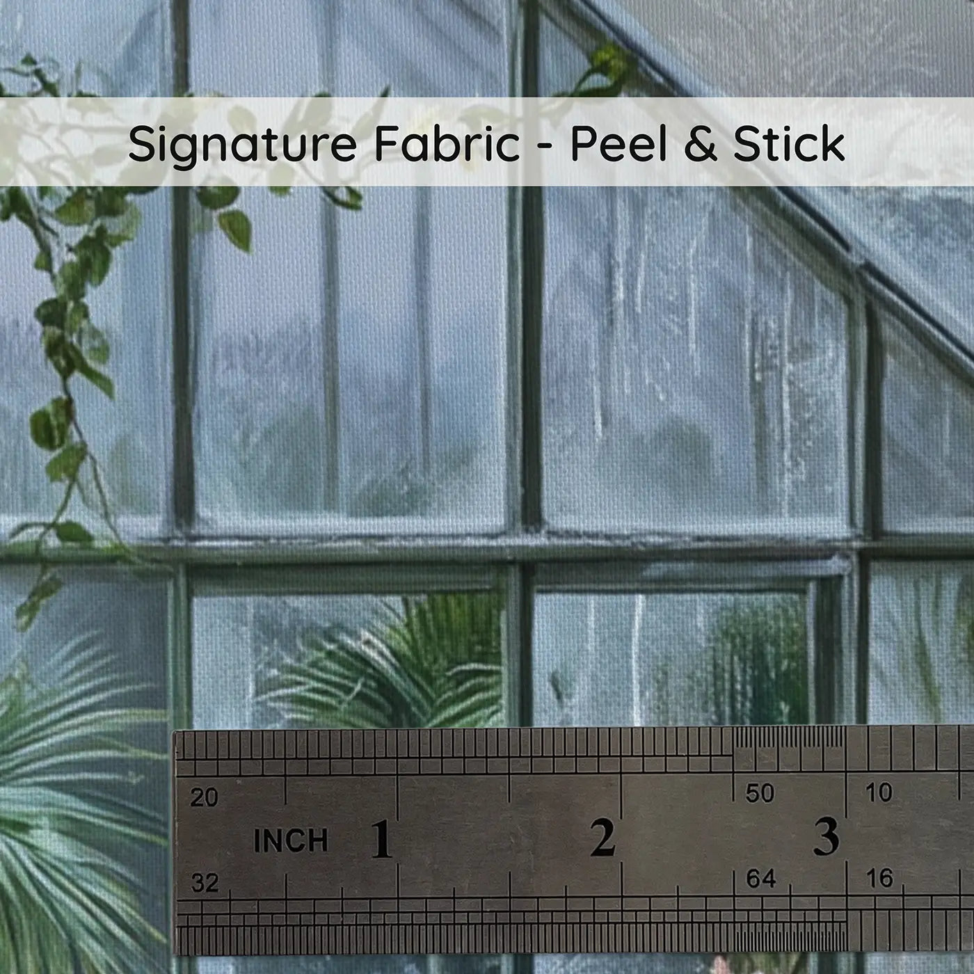 Fabric texture close-up of Winter Greenhouse Garden Refuge Wallpaper Mural by Whimsy Tots