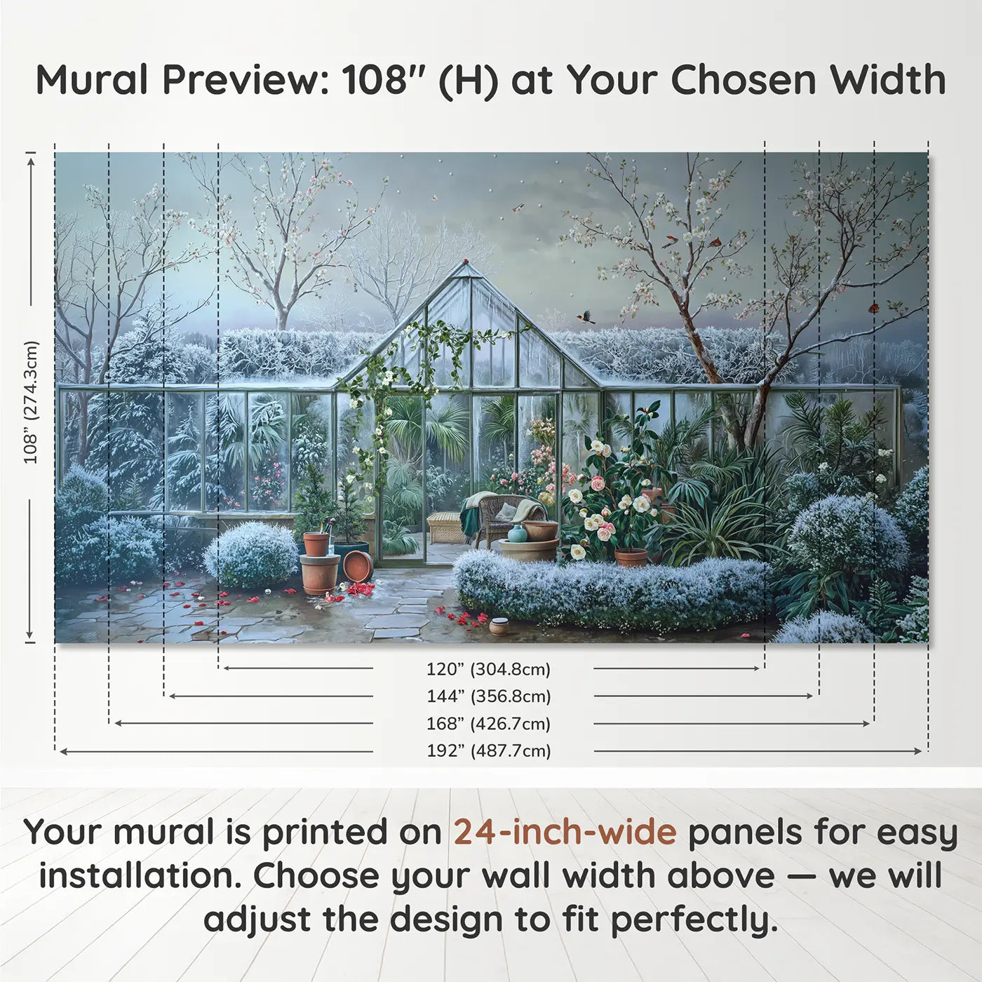 Panel layout and dimensions for Winter Greenhouse Garden Refuge Wallpaper Mural by Whimsy Tots