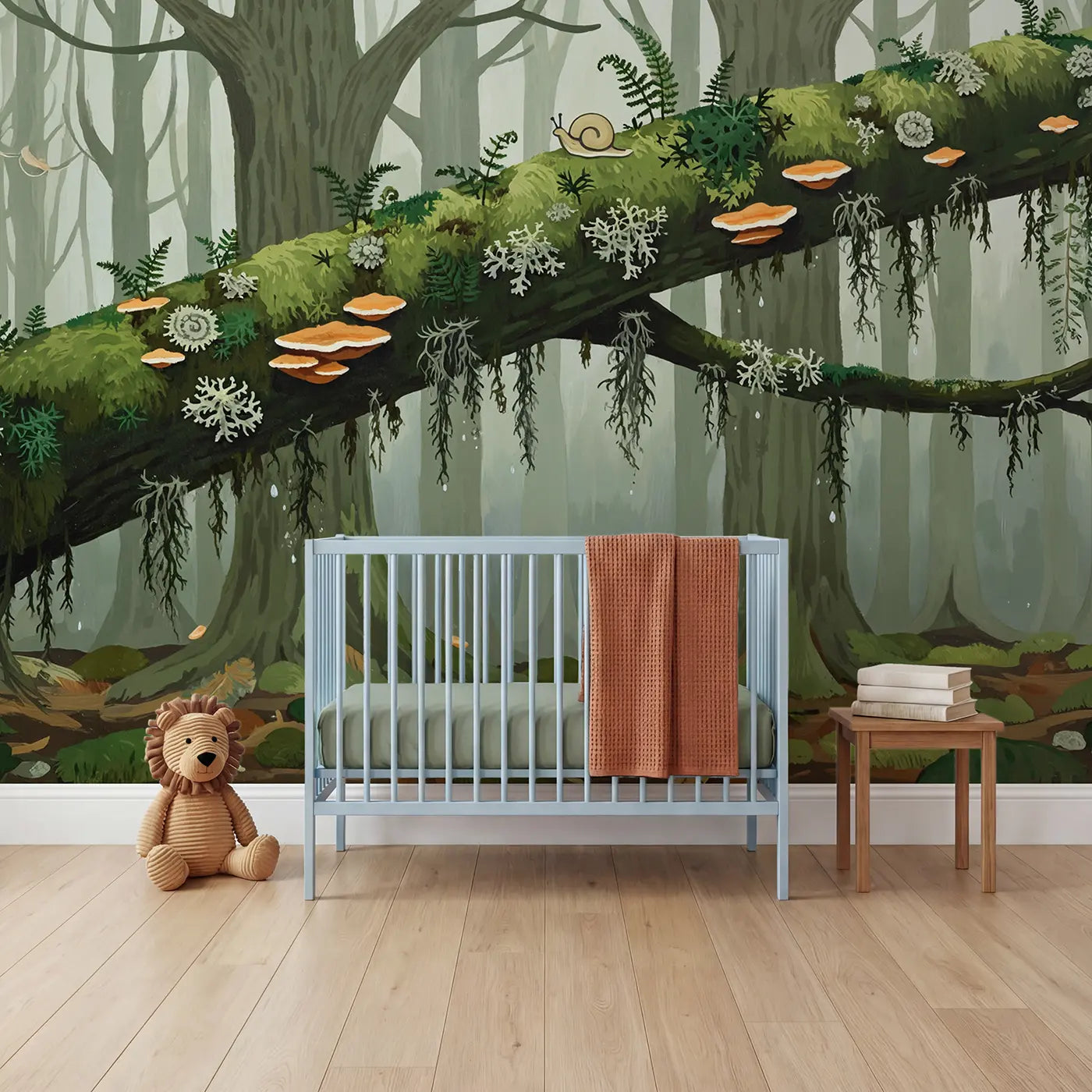Modern illustration mossy branch ancient forest wallpaper mural for nursery by Whimsy Tots