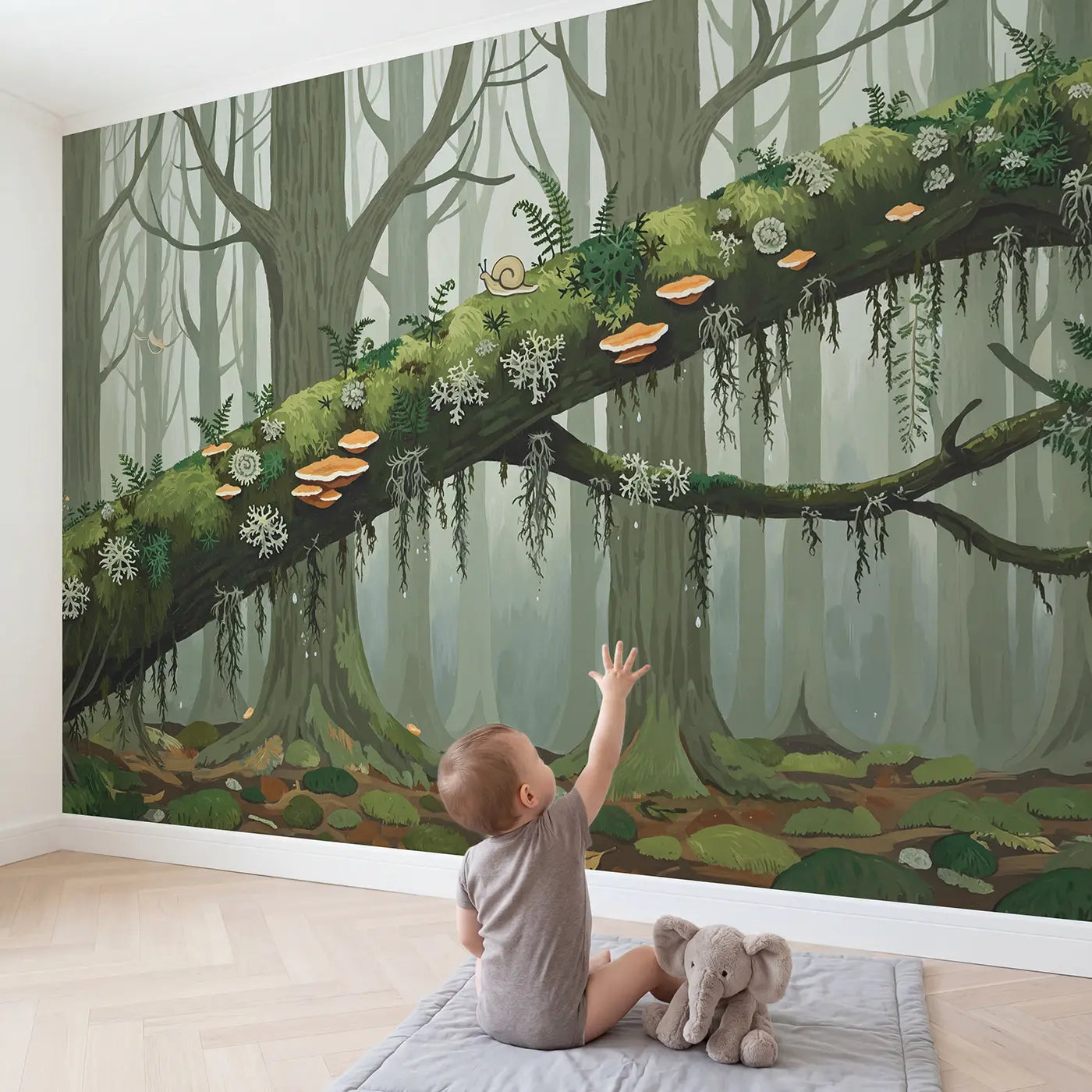 Child in nursery with Mossy Branch Ancient Forest Wallpaper Mural by Whimsy Tots