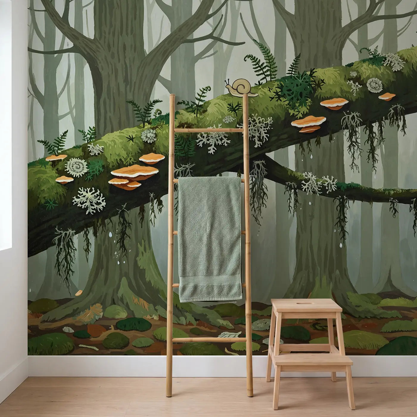 Mossy Branch Ancient Forest Wallpaper Mural in playroom setting by Whimsy Tots