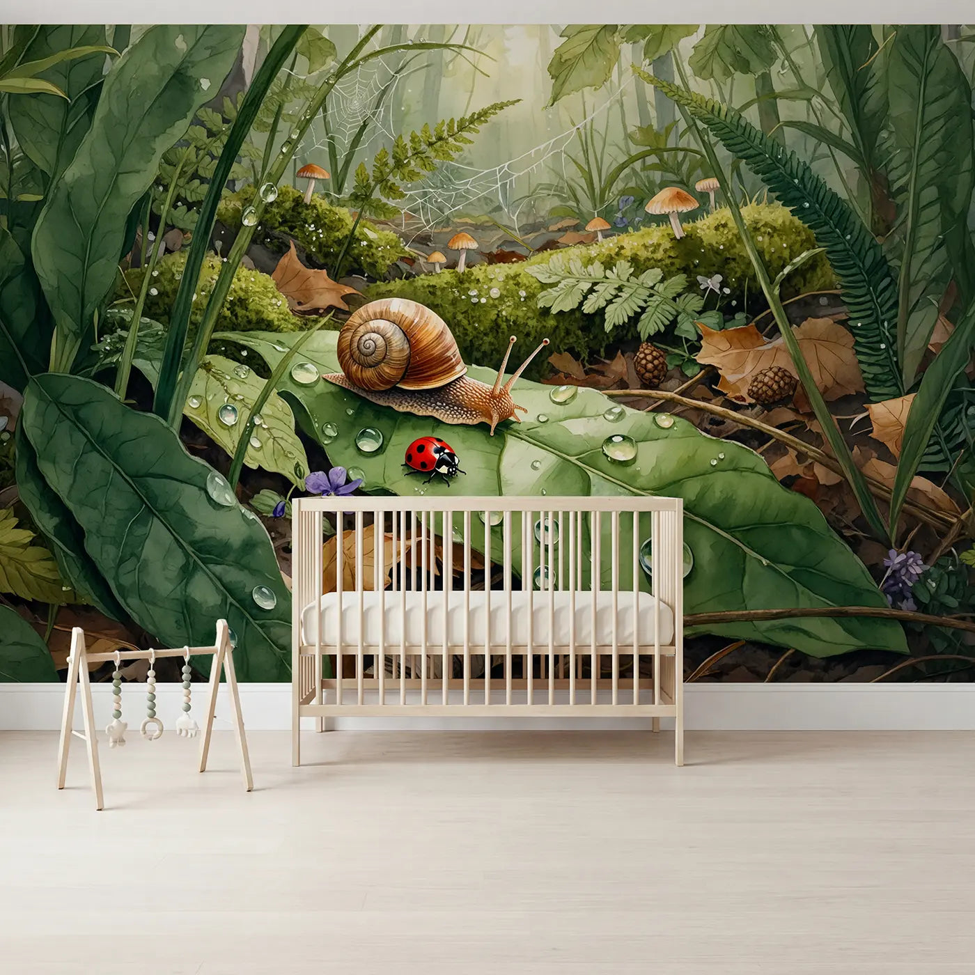 Watercolor snail and ladybug on leaves wallpaper mural for kids room by Whimsy Tots