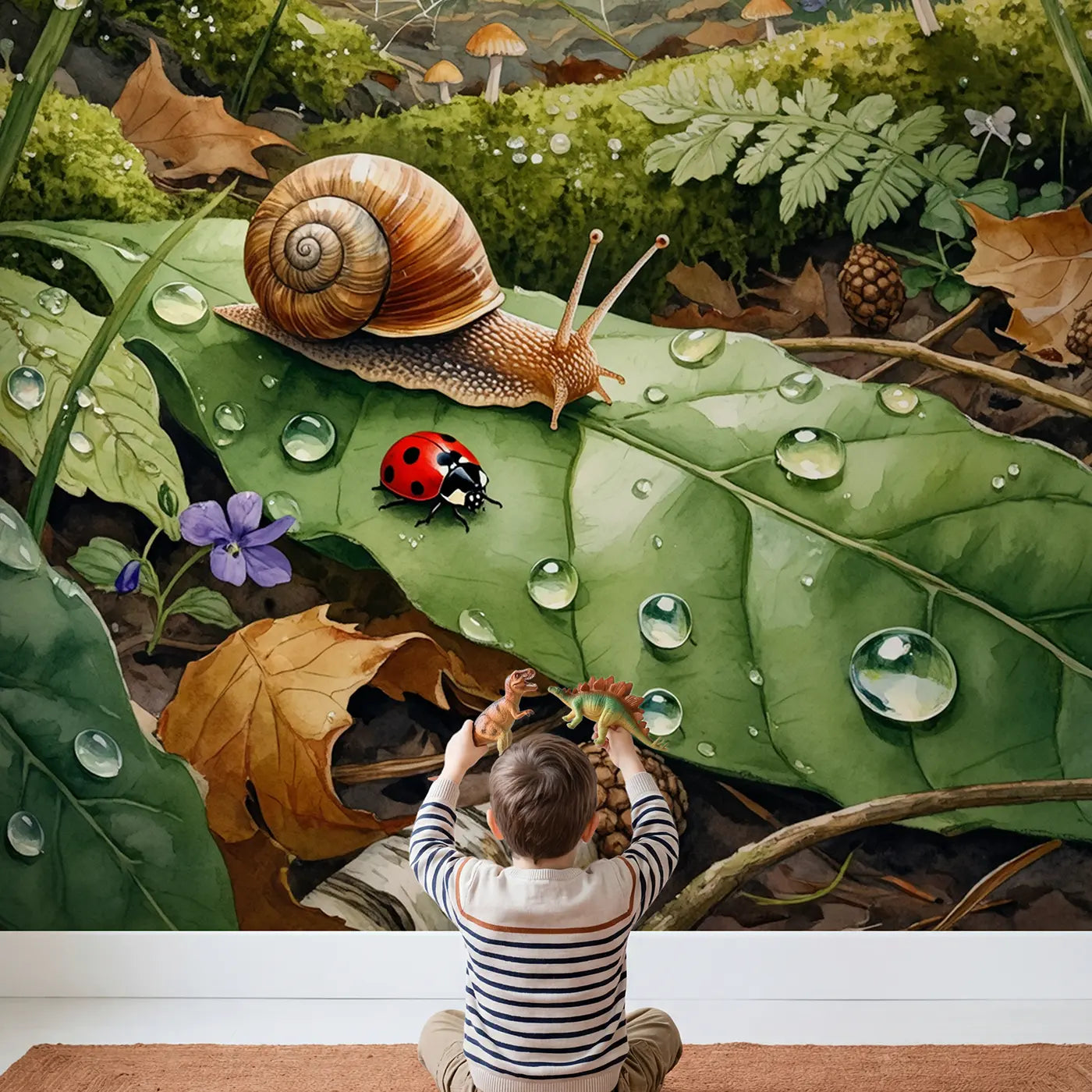 Child in nursery with Snail and Ladybug Leaf World Wallpaper Mural by Whimsy Tots